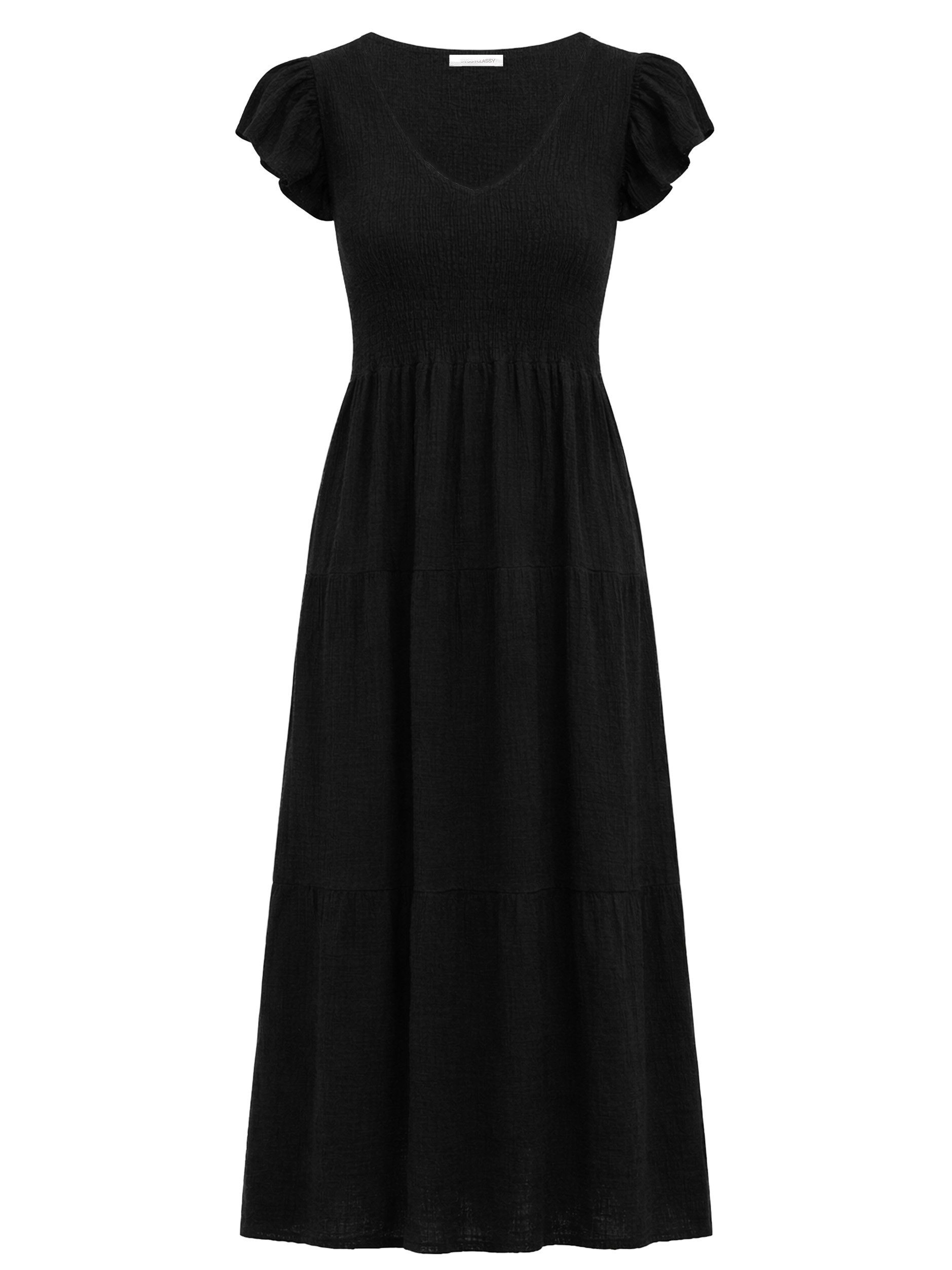 SASSYCLASSY Maxikleid Maxikleid mit Volants für Damen Sommerliches Kleid aus Musselin mit Flügelärmel Gelb Schwarz Pink