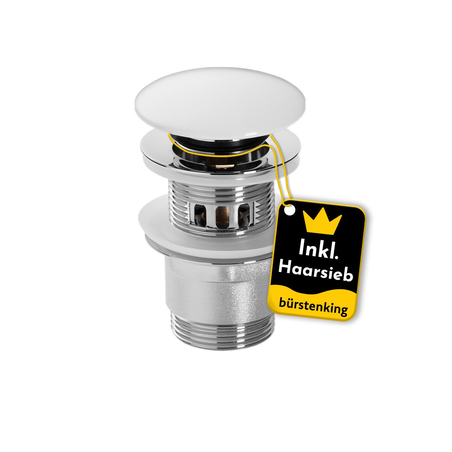 Bürstenking Ablaufgarnitur Ø 63/66 mm – Push-Open Ablaufventil - mit & ohne Überlauf & Haarsieb Push-Open / Pop-Up