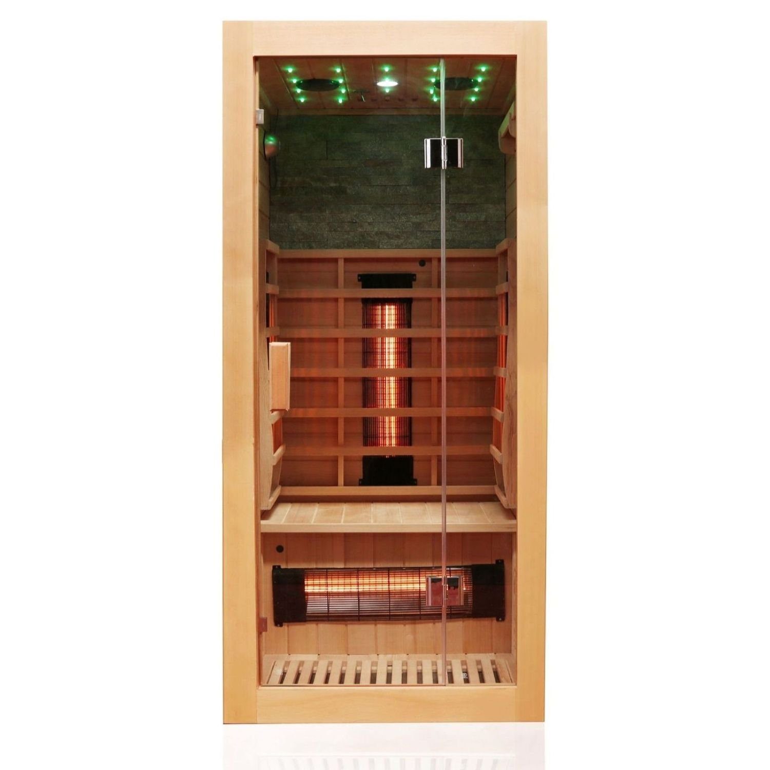 Dewello Infrarotkabine MILTON 90 Wärmekabine, bis zu 1 Personen, 4 Vollspektrumstrahler, BxTxH: 90 x 90 x 190 cm, Natursteinwand, inkl. Ionisator mit Ozondesinfektion, Multimedia HiFi