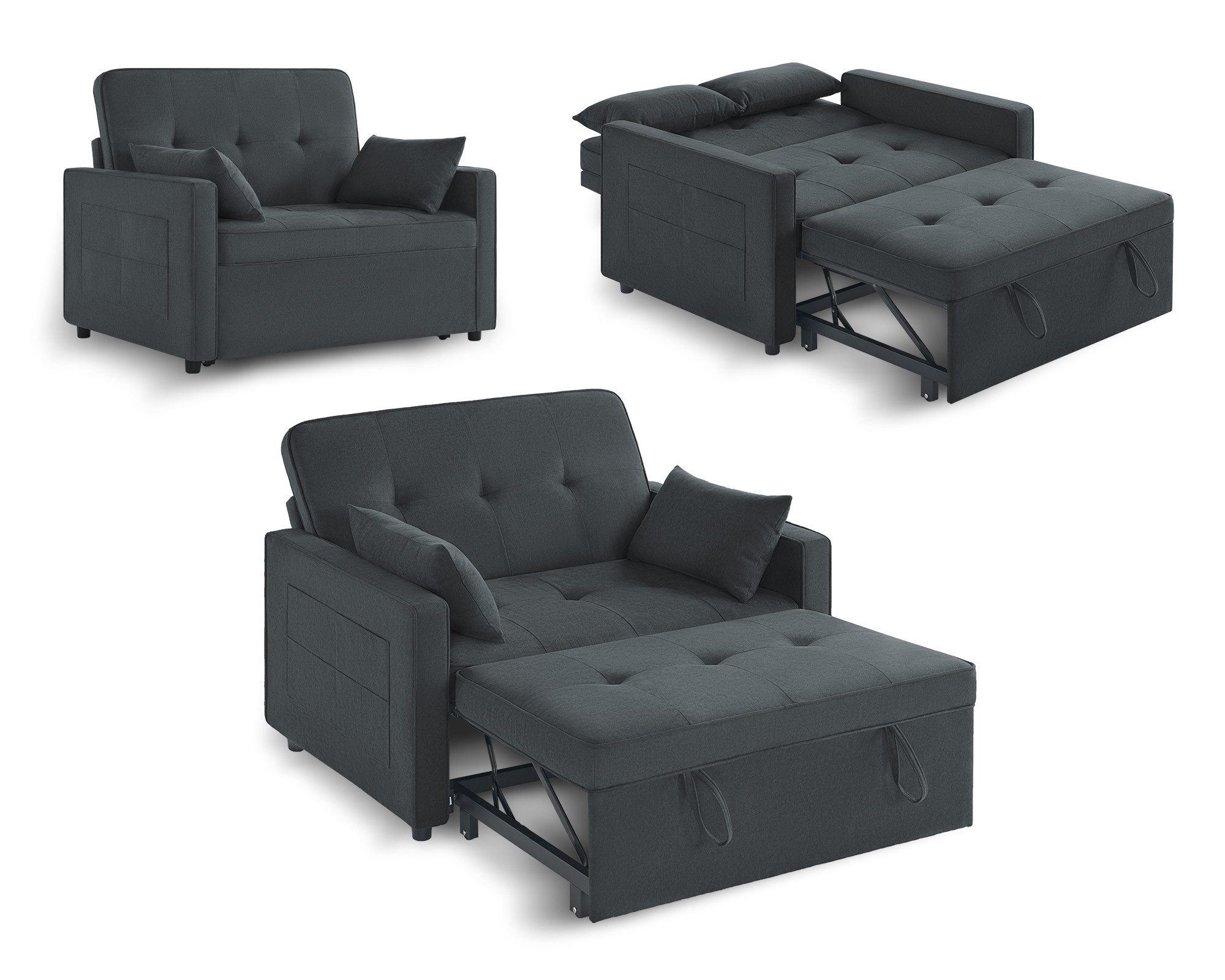 Schlafsofa 3-in-1 Sofa, 5-stufig Verstellbar, mit Seitentaschen & Kissen
