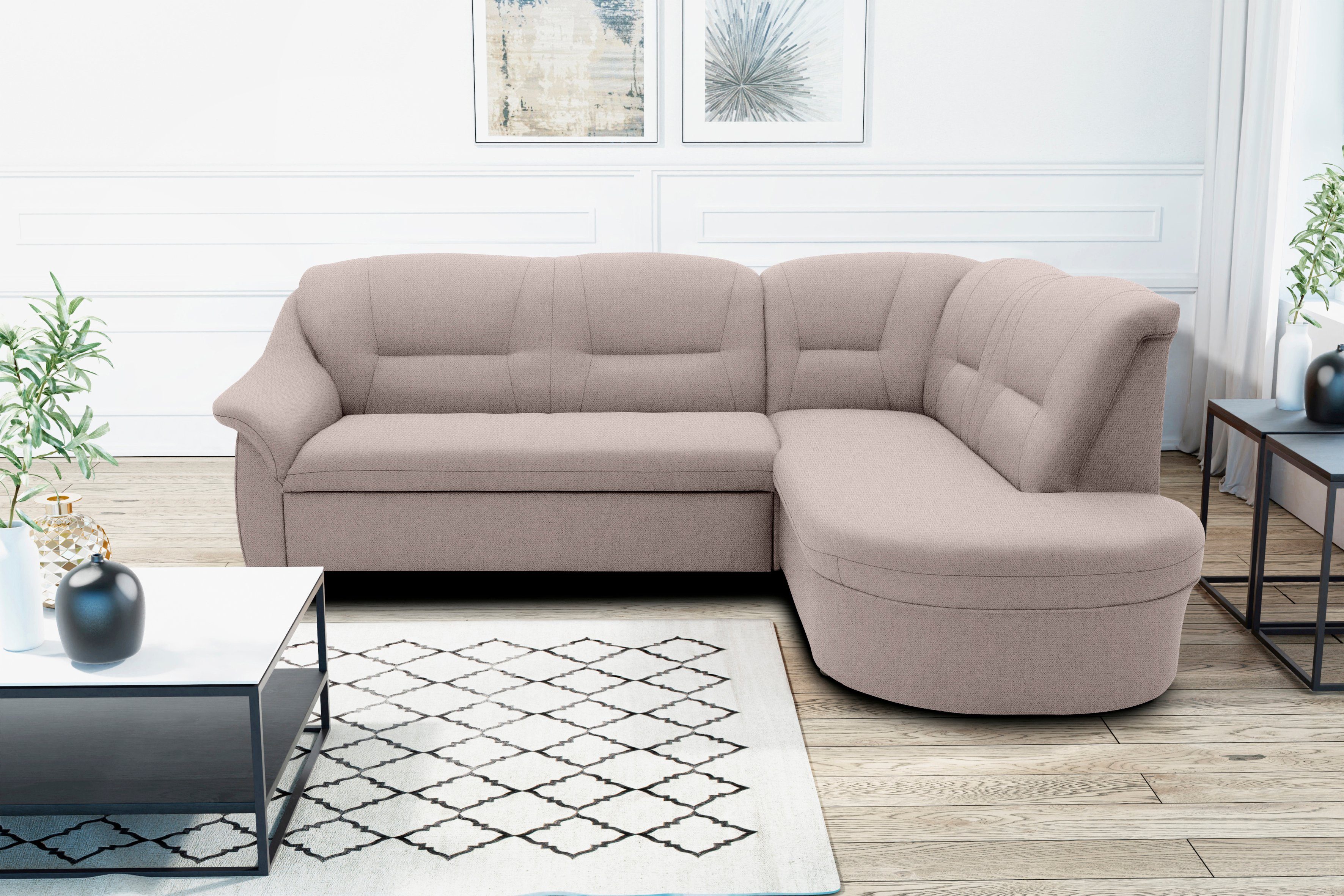 DOMO collection Ecksofa Faenza für kleine Räume, Stellmaße 232x176cm, komfortabel, L-Form, mit Ottomane, zeitlos, elegante Armlehnen, …