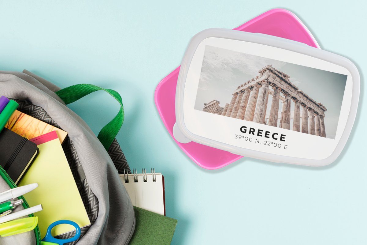 Kunststoff, MuchoWow Brotbox Griechenland - rosa Athen, Mädchen, (2-tlg), - für Parthenon Erwachsene, Kinder, Lunchbox Kunststoff Snackbox, Brotdose