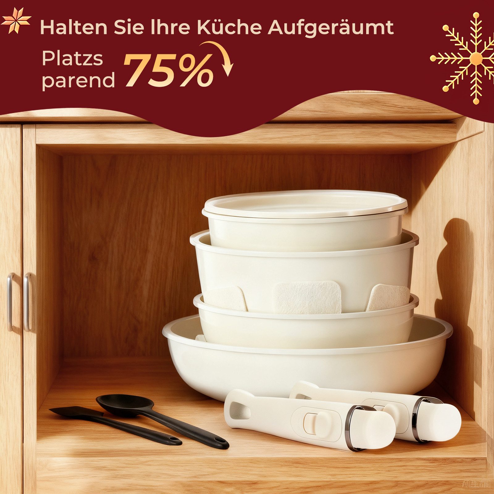 FOHERE Topf-Set Kochgeschirr-Set mit abnehmbaren Griff, Keramik (Set, 17-tlg), für alle Herdarten, mit stapelbarem Design – Bild 5 von 5