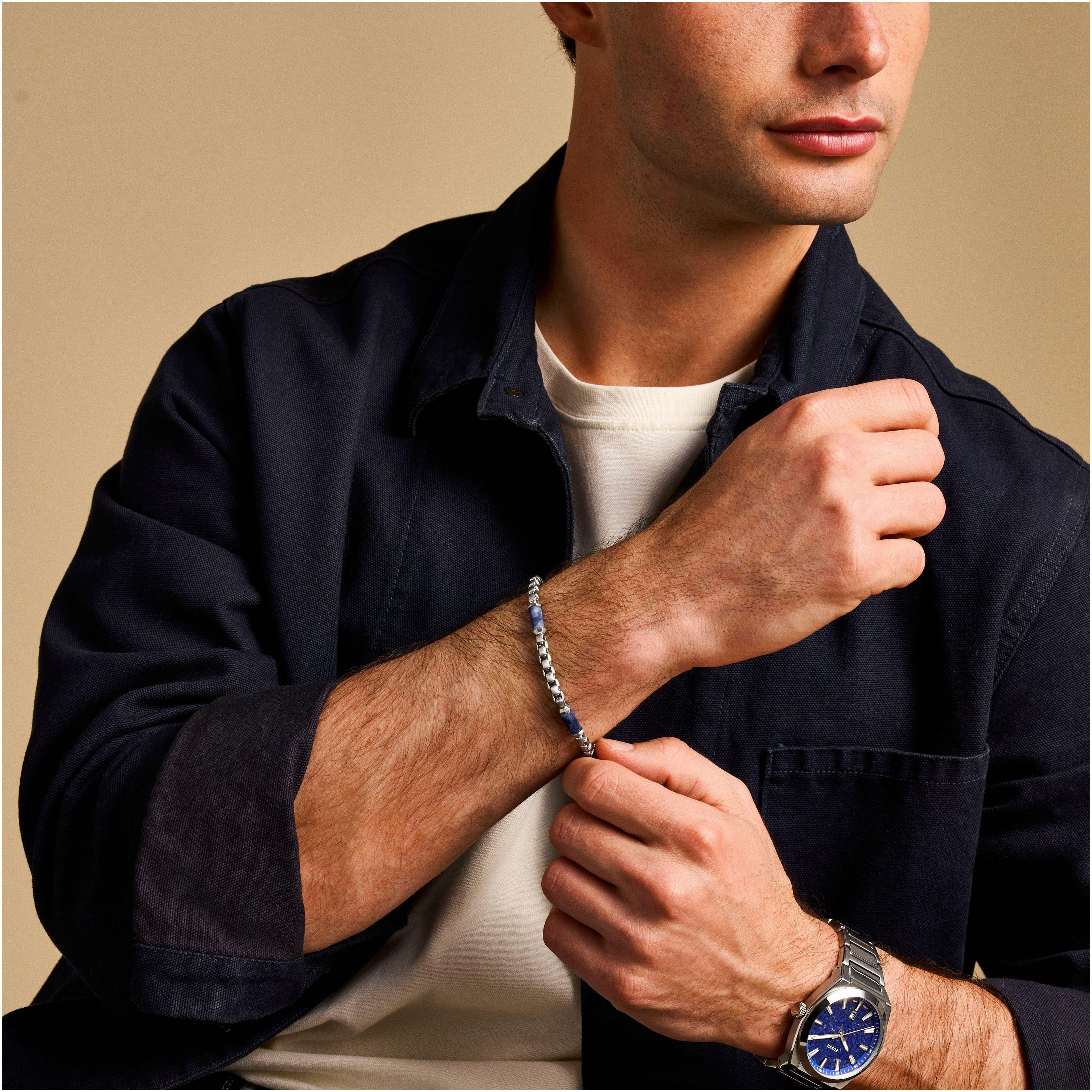 Fossil Bracelet Jewelry Gift Stainless Steel ALL STACKED UP, JF04604040, JF04725040, with Agate or Sodalite