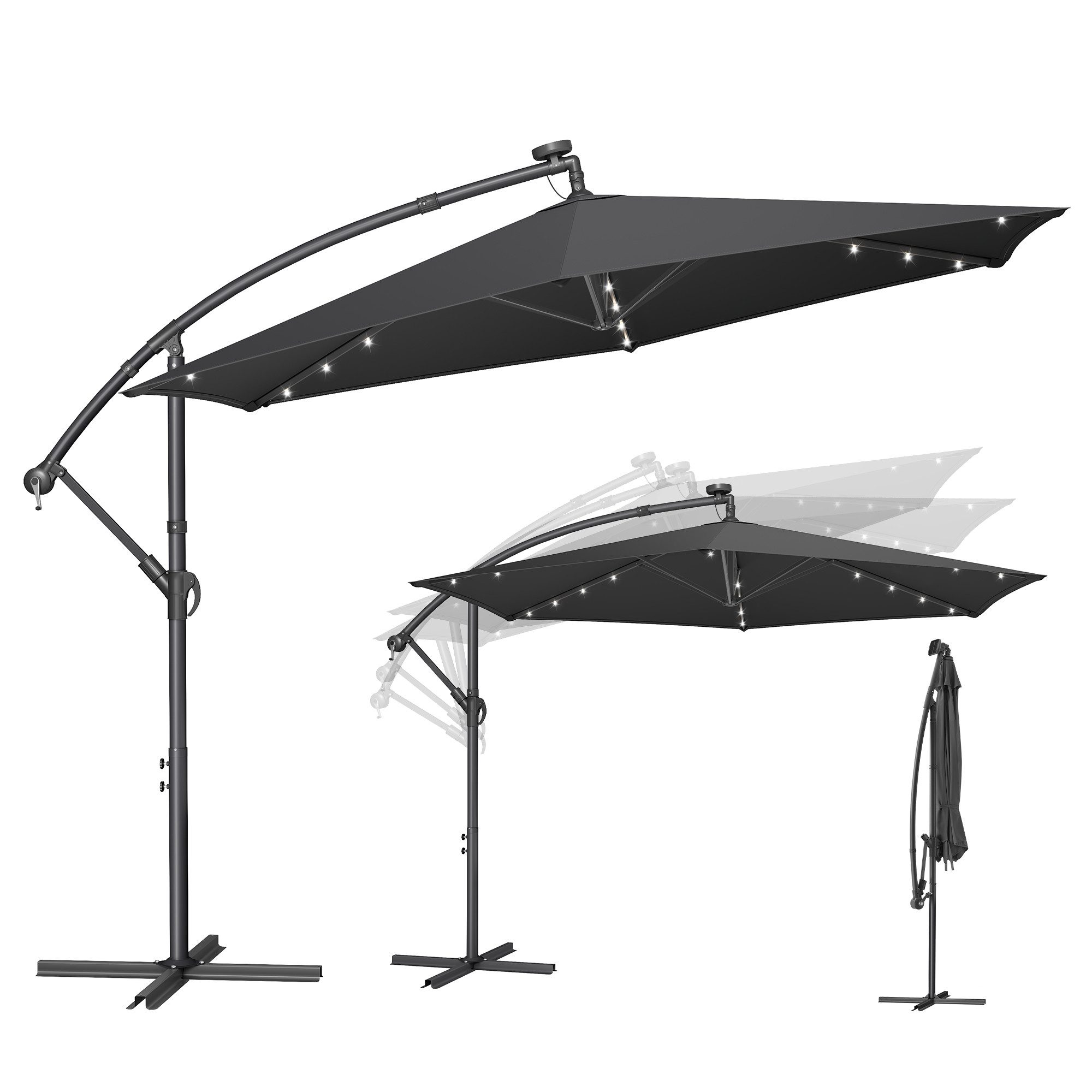 SONGMICS Sonnenschirm, Ø 300 cm,LED-Solar-Beleuchtung,UPF 50+,mit Ständer