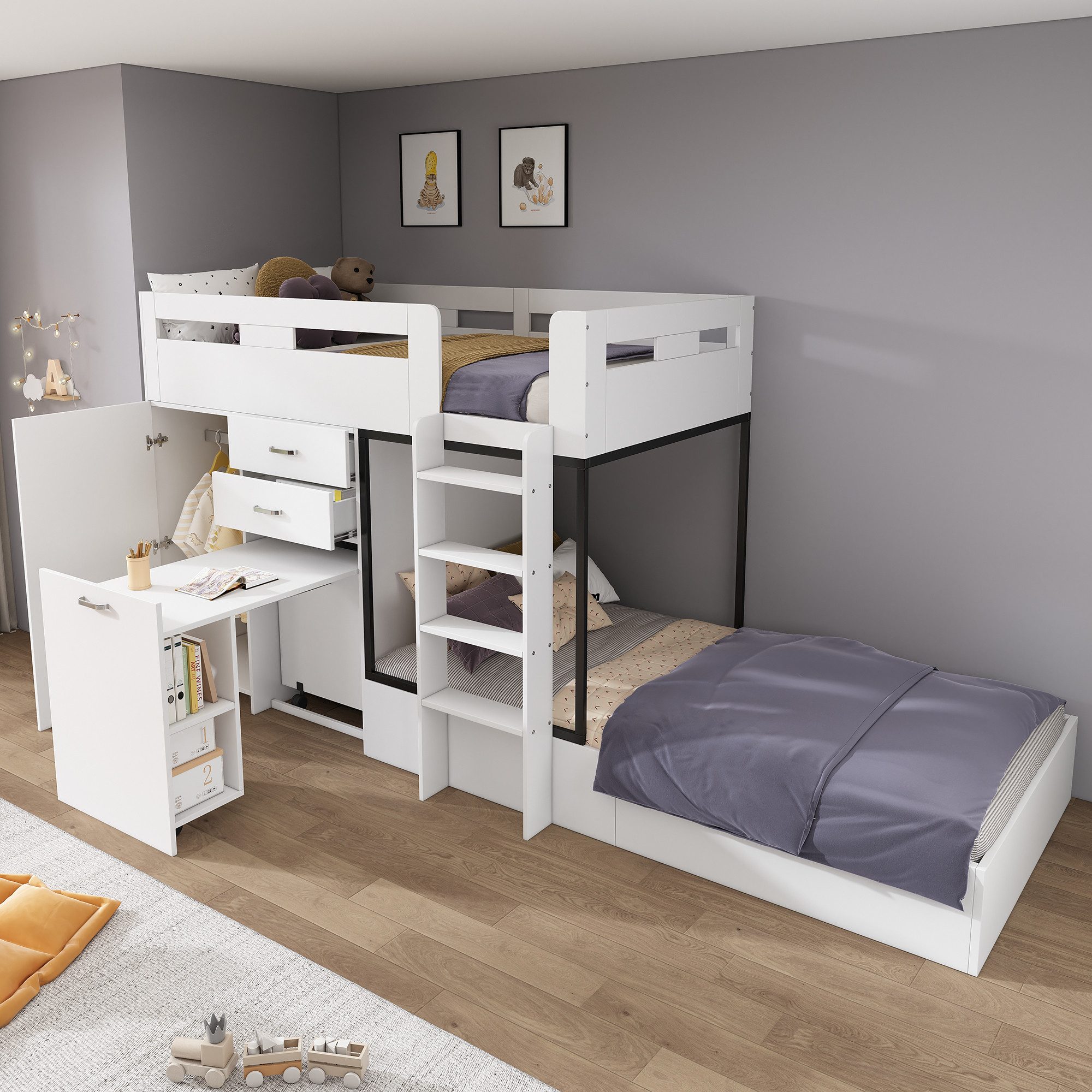 STILVORA Bettgestell 90×200 Etagenbett mit Kleiderschrank & Tisch,Jugendbet günstig online kaufen