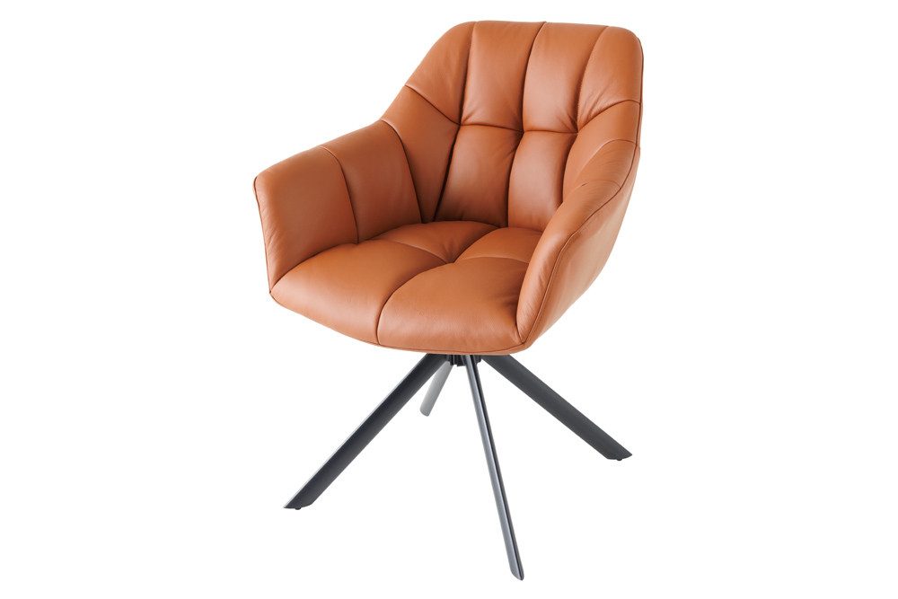 riess-ambiente Polsterstuhl PAPILLON cognac/schwarz – Echtleder, mit Armlehne, Metall (Einzelartikel, 1 St), 180° drehbar & automatischer Rückführung – ideal für Esszimmer & Büro