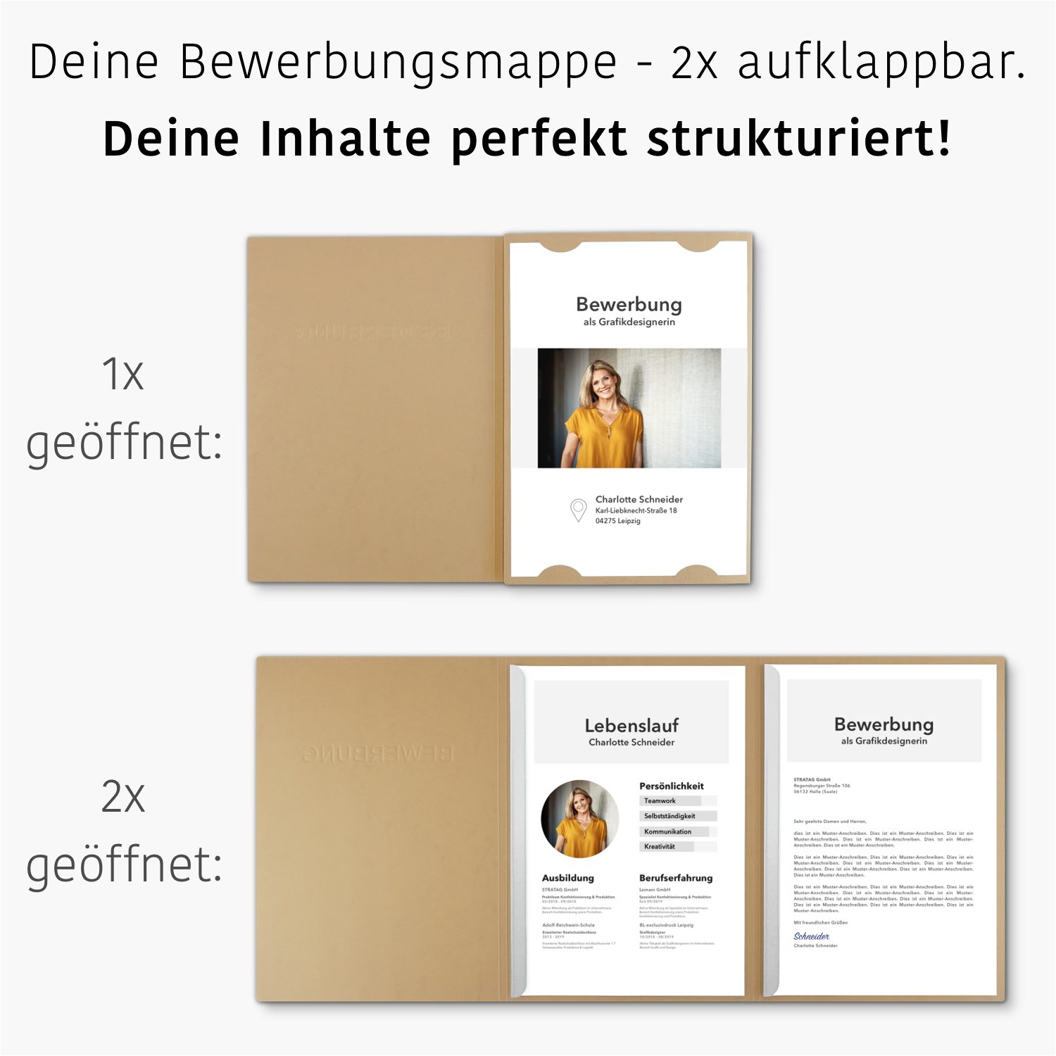 STRATAG Bewerbungsmappe in feinster Lederstruktur - 3 Stück 3-teilig mit 2 Klemmschienen (Set, 3-St., mit hochwertiger Relief-Prägung BEWERBUNG), direkt vom Her – Bild 2 von 5
