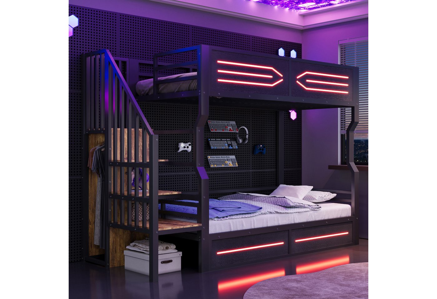 Flieks Etagenbett, Metallbett Kinderbett 90×200cm mit LED-Beleuchtung und Stauraumtreppe