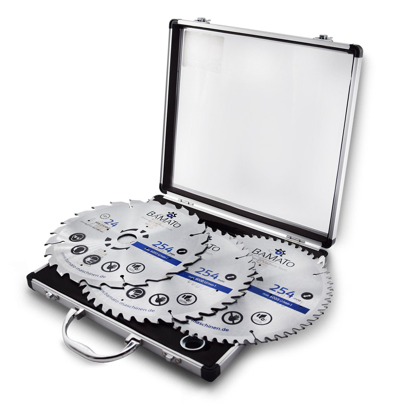 BAMATO Kreissägeblatt SBS254SET (3-St), HM-Sägeblattset 254mm mit 24, 42, 60 Zähnen, Sägeblatt, mit Alukoffer