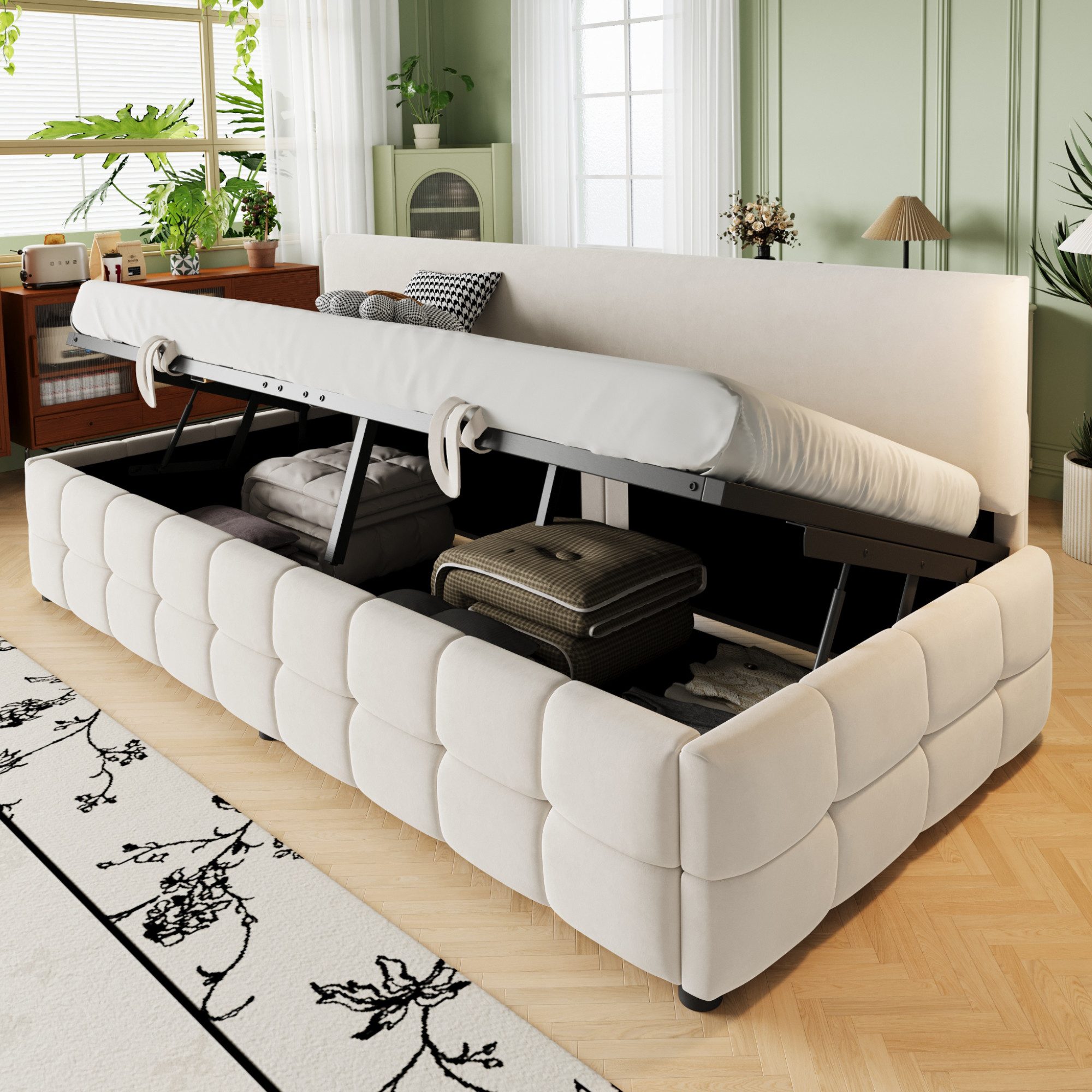 REDOM Schlafsofa mit hydraulischem Stauraum, Rückenlehne ohne Armlehnen, klassisches Karomuste, Polsterbett Funktionsbett 90x200cm, ohne Matratze