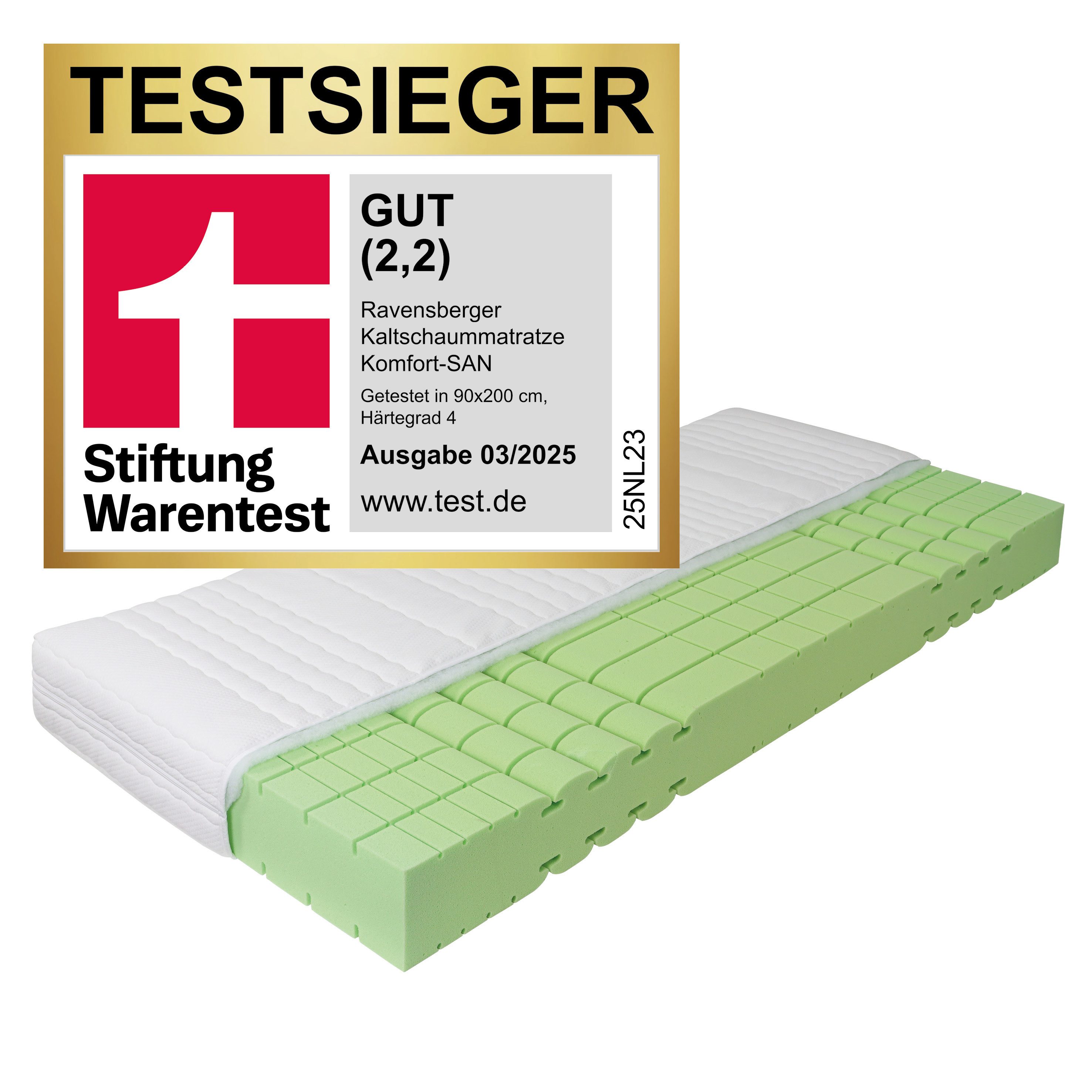 Kaltschaummatratze Komfort-SAN Testsieger Stiftung Warentest 7 Liegezonen Raumgewicht 50, RAVENSBERGER Matratzen, 18 cm hoch, Ausgabe 03/2025 Note GUT (2,2), getestet in 90x200cm Härte H4