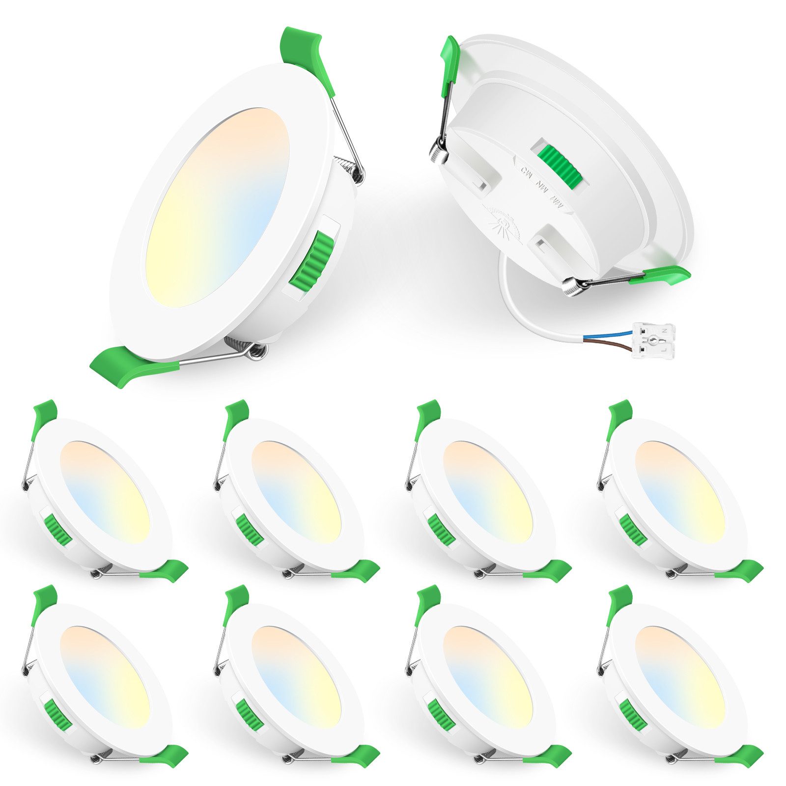 ALUSSO LED Einbaustrahler 10er-Set, 230 V, 68-78 mm, Dimmbar, 5 W, ultraflach, 460 Lm, Warmweiß 3000 K, Neutralweiß 4000 K, Kaltweiß 6500 K, Weiß