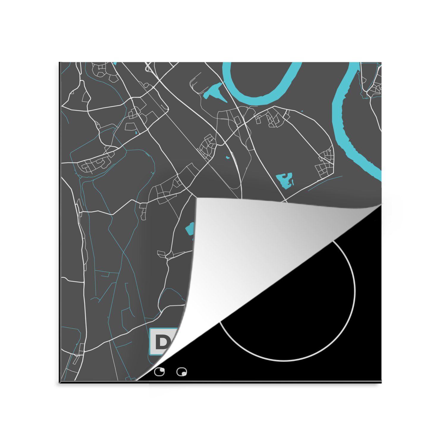 MuchoWow Herdblende-/Abdeckplatte Karte - Karte von Dormagen - Deutschland - Blau, Vinyl, (1 tlg), 78x78 cm, Ceranfeldabdeckung, Arbeitsplatte für küche