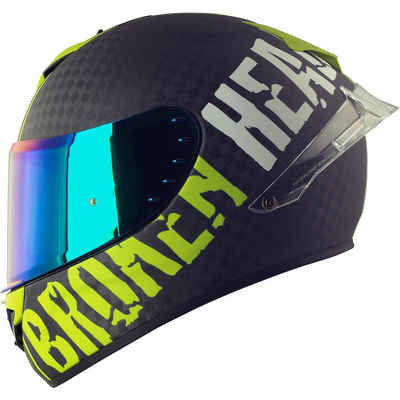 Broken Head Motorradhelm Broken Head Integralhelm BeProud Race Pro Carbon Green Mit Grün Verspiegelten Und Schwarzem Visier (Mit Klarem und grün verspiegeltem Visier, Mit Klarem und grün verspiegeltem Visier), Mit Spoiler