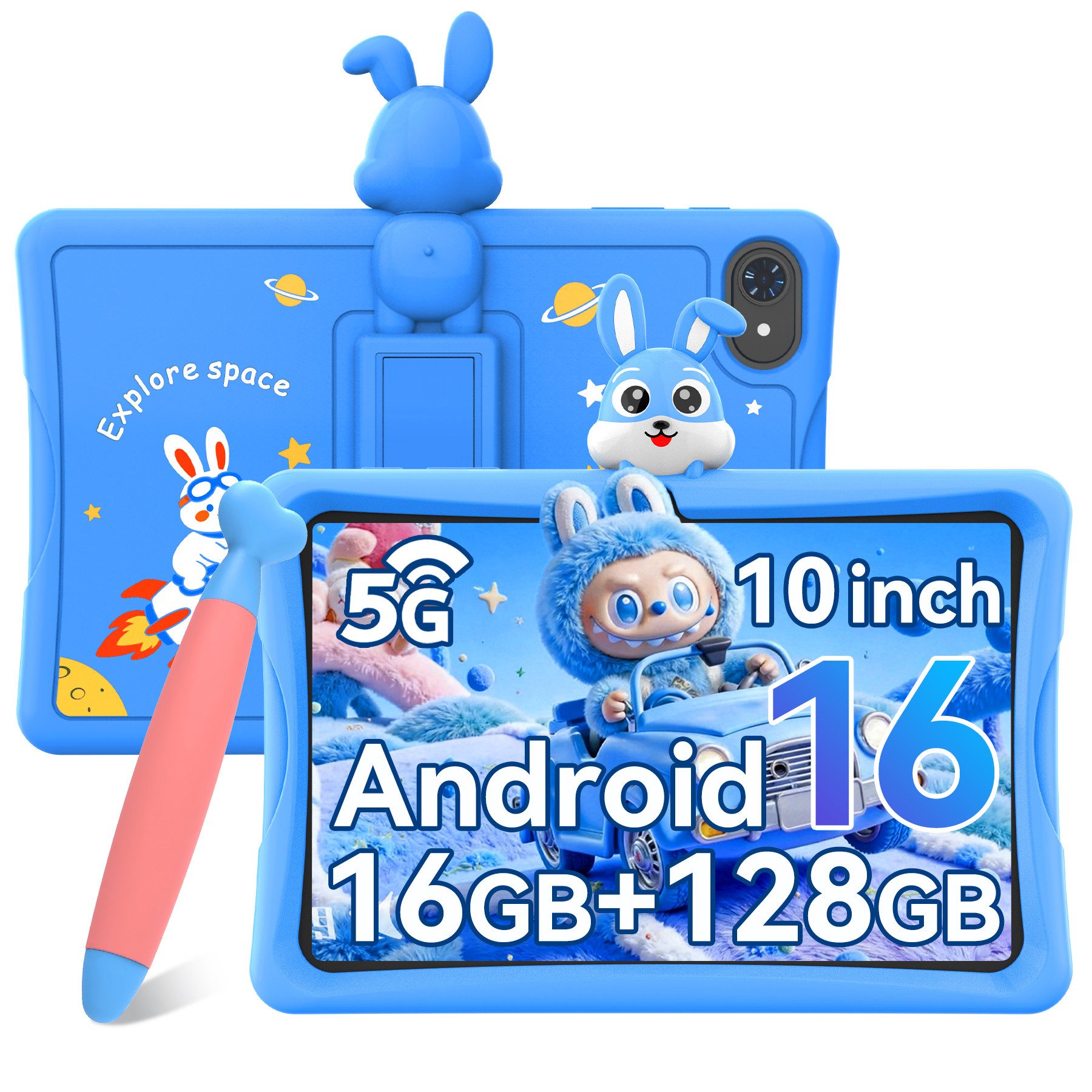 TABWEE 10" kinder tablet Android15 mit Hülle, Stift Tablet (10.1", 64 GB, Android16, Google Kids Space, 5G wifi, Android 15, Gemini AI, mit Stift)