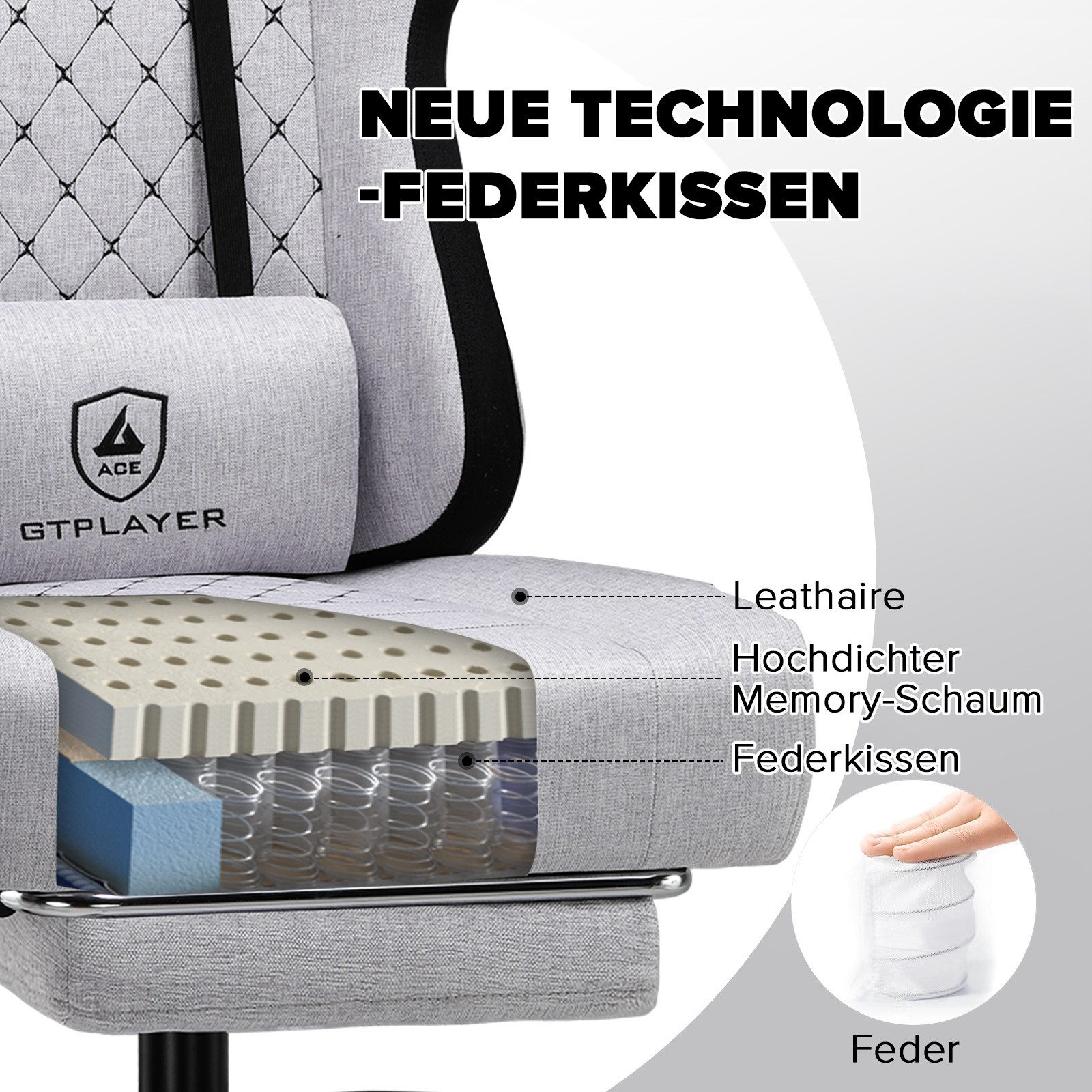 GTPLAYER Gaming-Stuhl Ergonomischer Gaming Sessel Schreibtischstuhl mit Stoffoberfläche (Pacekung), Federsitzkissen