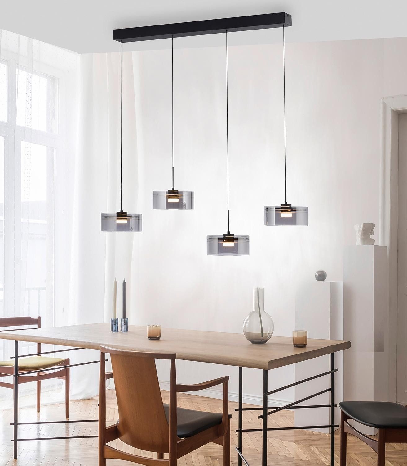 Paul Neuhaus LED Pendelleuchte KARENA, 4-flammig, Schwarz, Rauchglas, Metall, Höhenverstellbar, LED fest integriert, Extra-Warmweiß, Rauchglas, B 110 x H 180 x T 20 cm