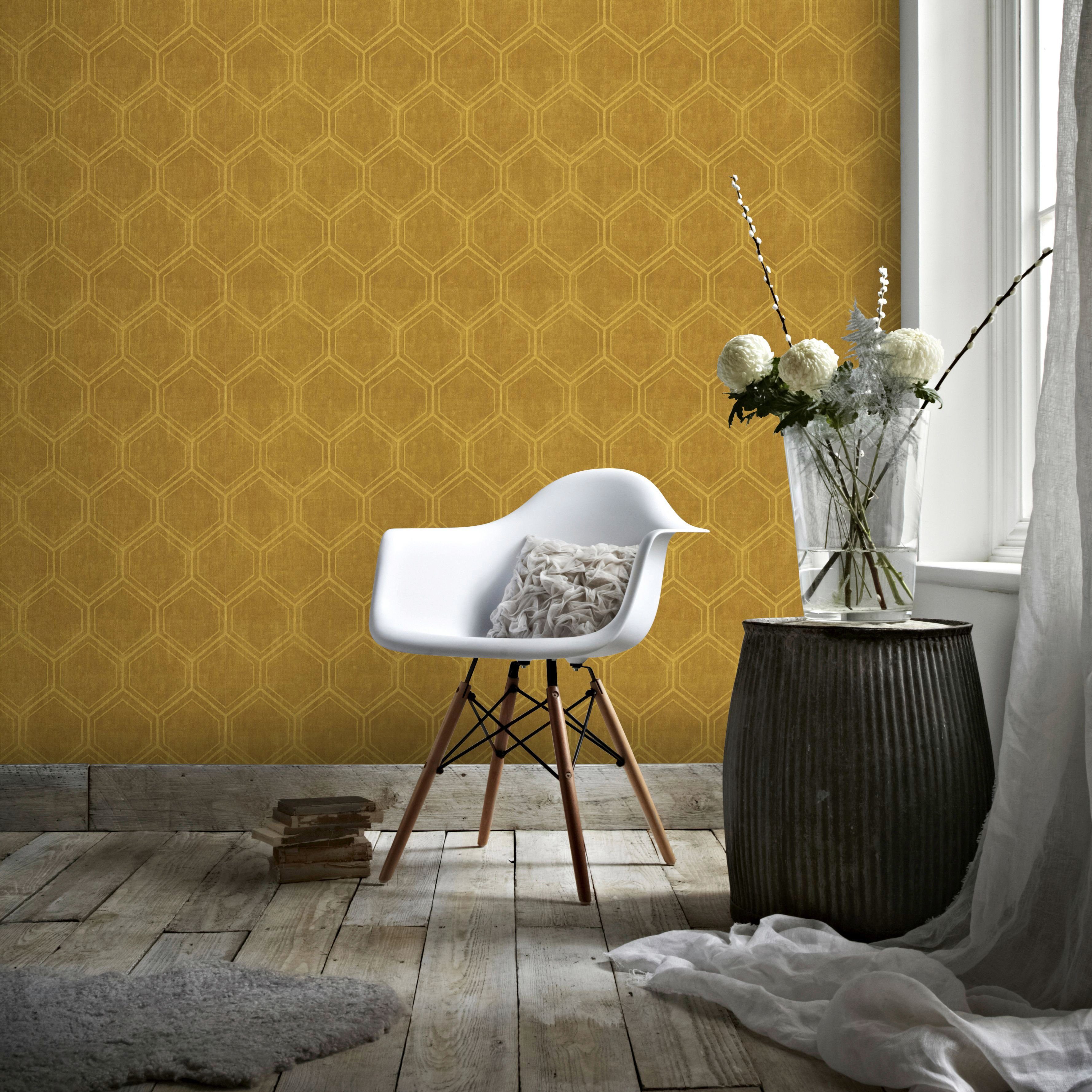 Superfresco Easy Vliestapete Geo - Hexagon, geprägt, geometrisch, (1 St), Ocker - 10m x 52cm