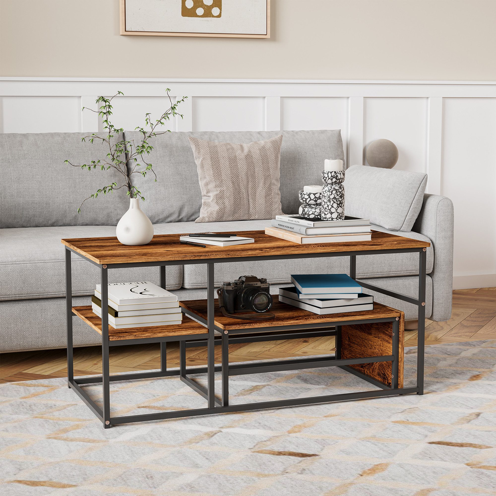 BELUPAI Couchtisch Rechteck Satztisch Beistelltisch Sofatisch (2-St), Wohnzimmertisch mit Tischplatte in Holzoptik,Schwarz Stahlrahmen