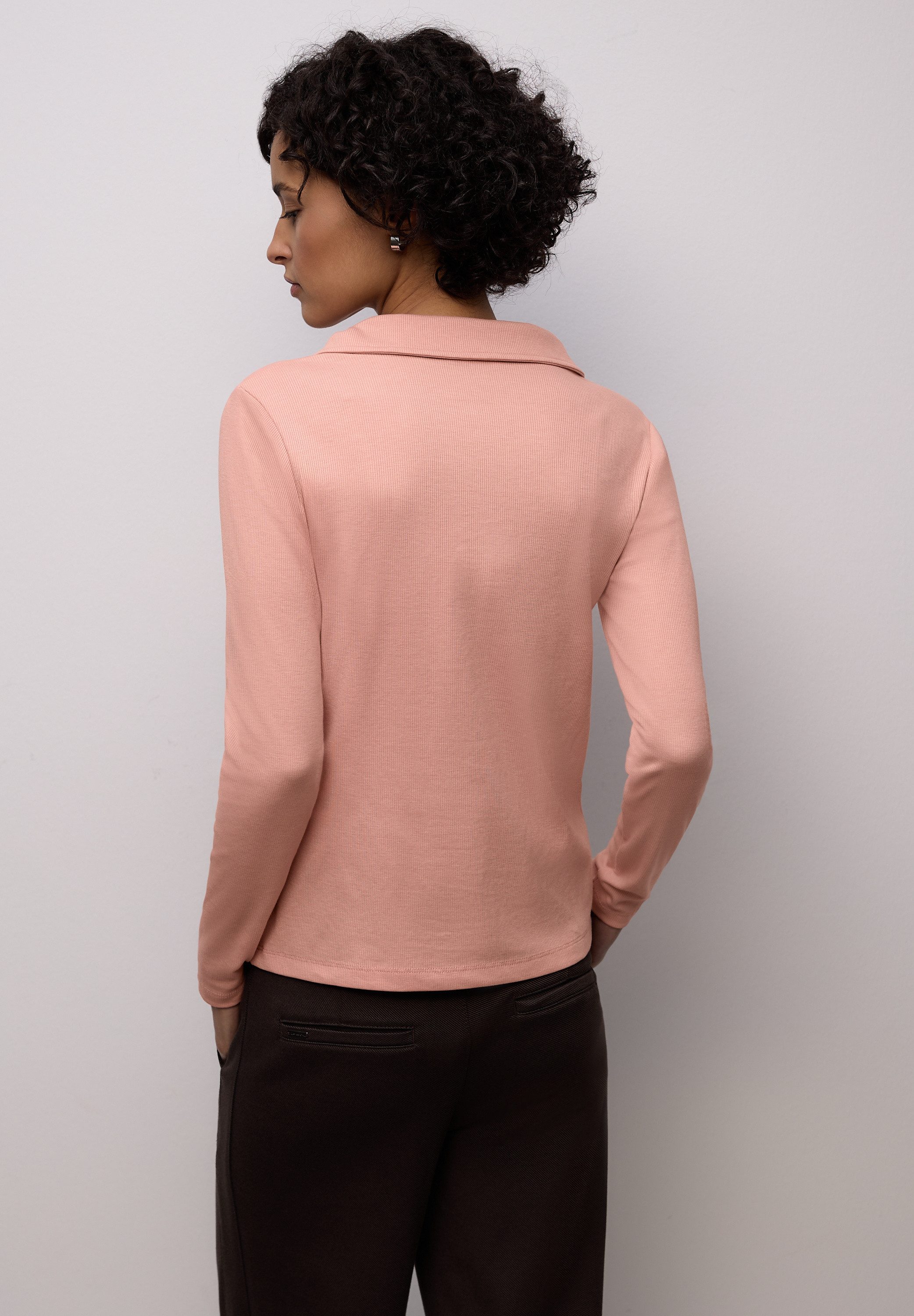 STREET ONE Langarm-Poloshirt in Melange-Optik und mit Ripp-Struktur