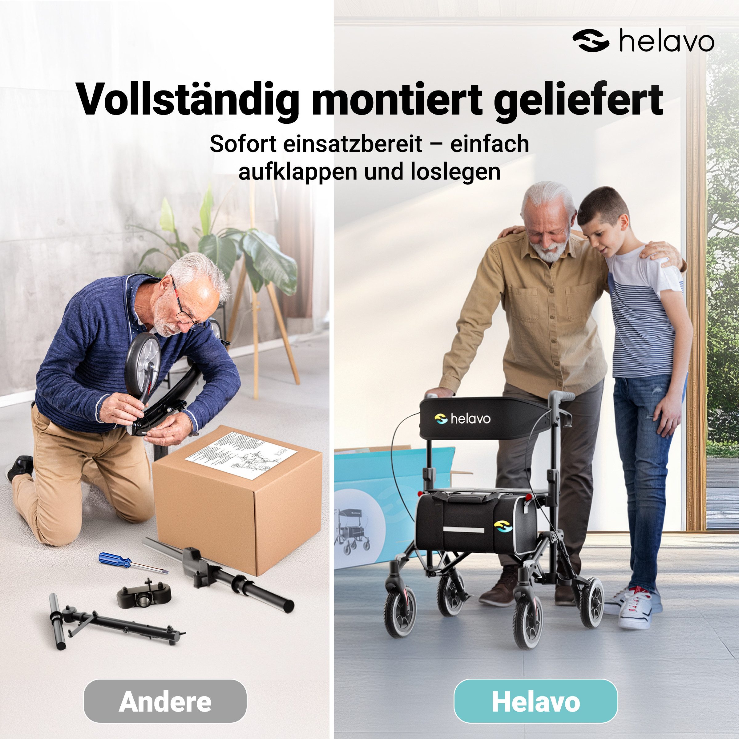 Helavo Rollator H1320, Reiserollator faltbar & leicht mit Sitz, verstellbare Griffe