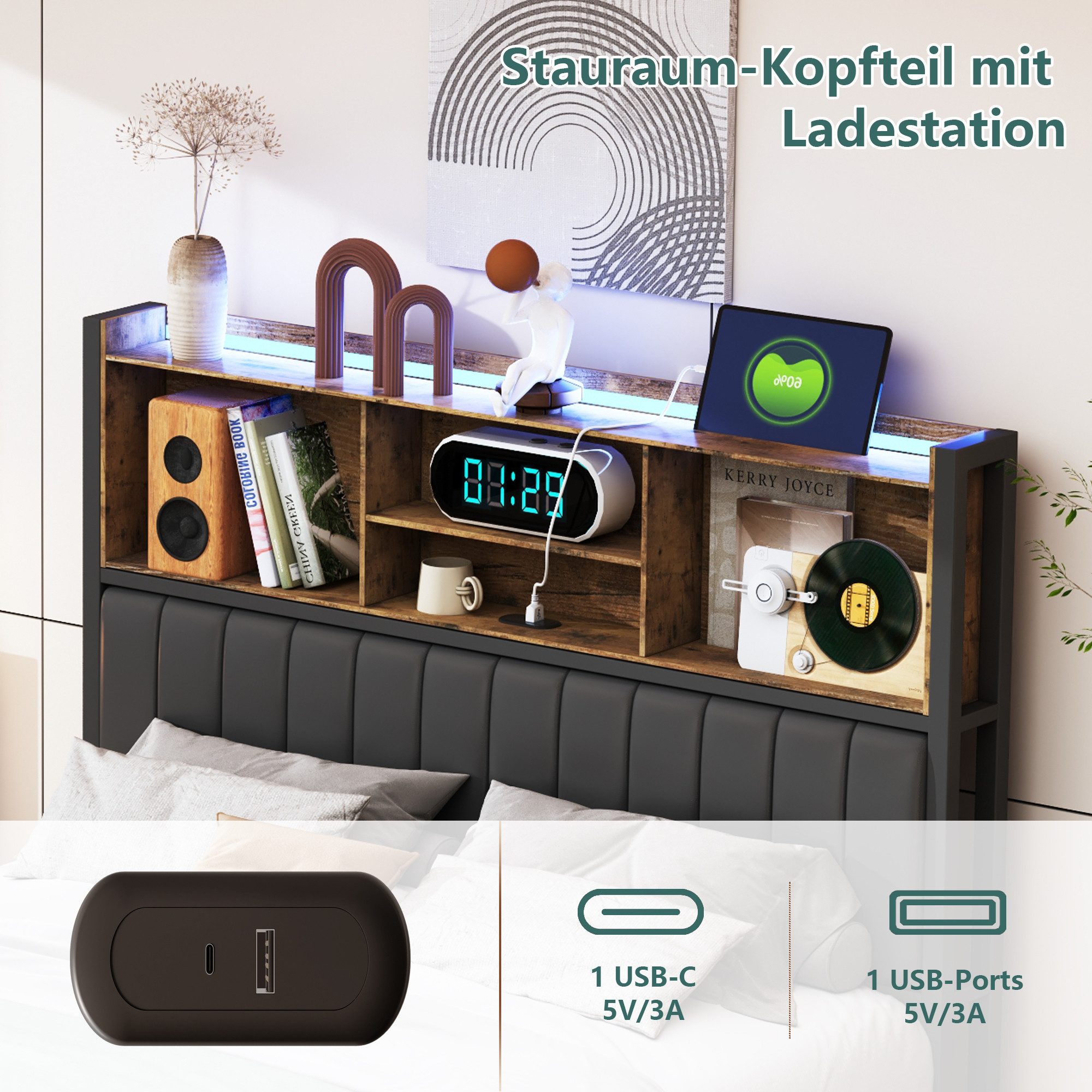 Simurq Bettgestell LED Stauraumbett 160x200 cm mit USB, Kopfteilregal und 2 Schubladen (Set, 1-tlg) (Doppelbett 160x200mit Lattenrost, ohne Matratze), Jugendbett,Schubladenbett,Industriebett,Metallbett