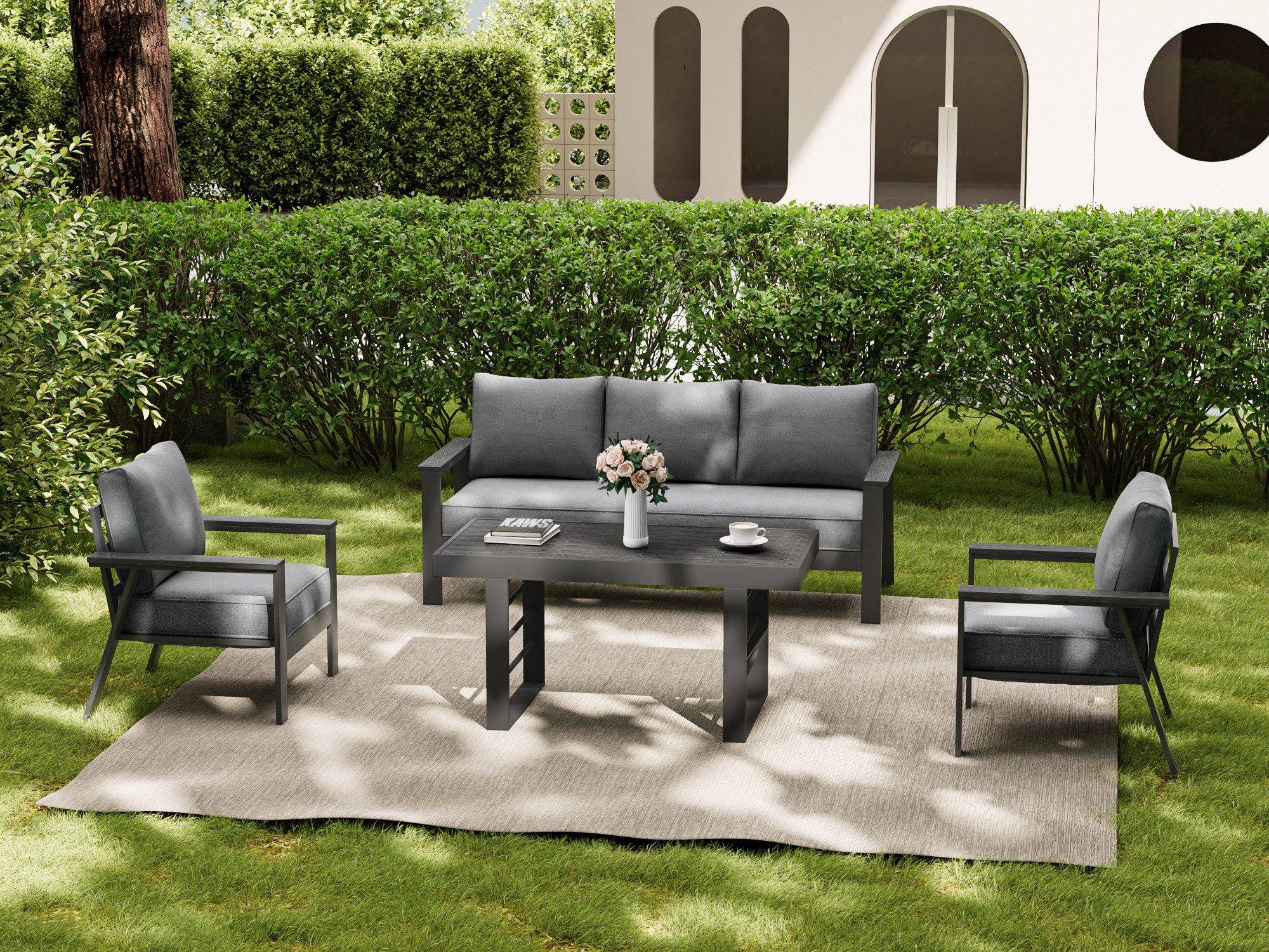 MeXo Gartenlounge-Set Aluminium 5-6 Personen, (wetterfestes Gartenmöbel Set, mit dicken Kissen & großem Esstisch, 4-tlg., Belastbarkeit pro Sitzplatz 140kg), gemütliche Sitzgruppe für Terrasse, Balkon & Wintergarten