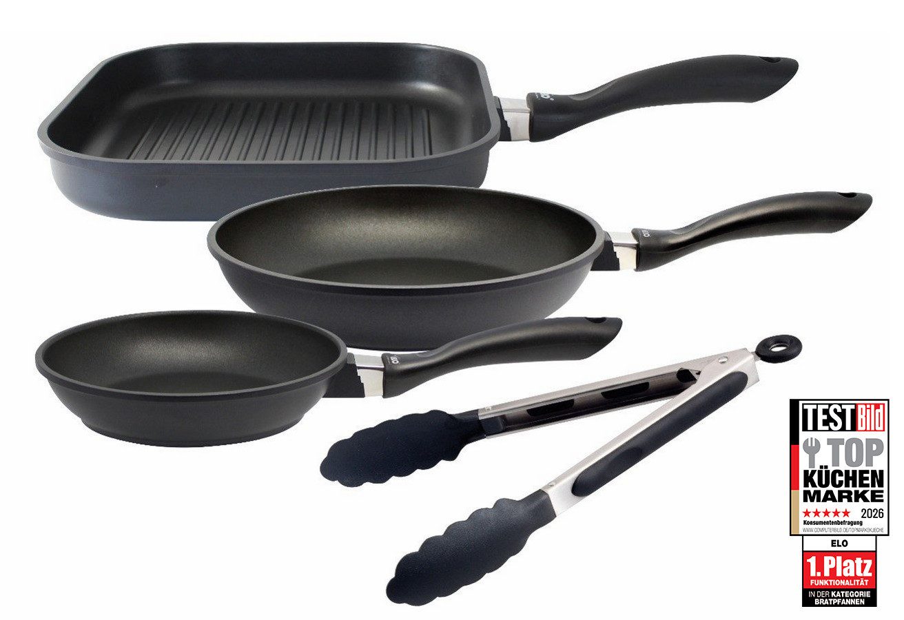 Elo Pfannen-Set Alucast 4 teilig, Aluminiumguss (Set, 4-tlg., je 1 Bratpfanne Ø 20/24, 1 Grillpfanne Ø 28 cm, 1 Servierzange), Induktion, inkl. 1 Kochzange