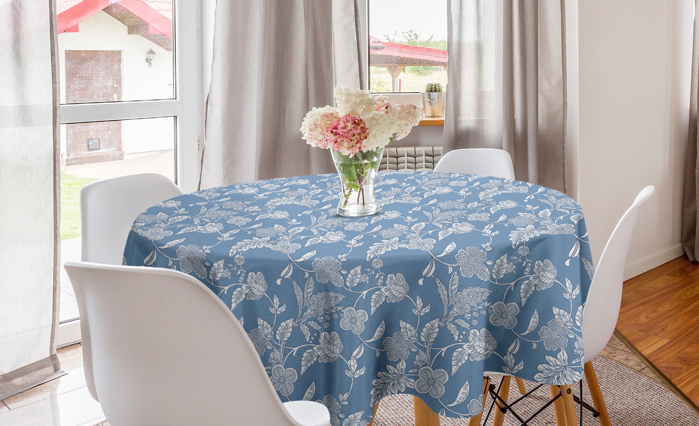 für Abakuhaus Esszimmer Kreis Küche und Abdeckung Blau Garten-Blumen-Motiv Dekoration, Tischdecke weiß Tischdecke