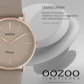 OOZOO Quarzuhr Oozoo Damen Armbanduhr braun taupe, Damenuhr rund, mittel (ca. 32mm) Lederarmband, Elegant-Style
