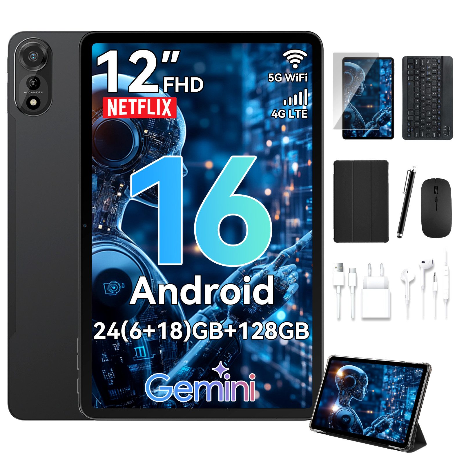 Nexall N90 12" Android 16 2K Display 4G LTE 128GB Set Tablet (12", 128 GB, Android16, Android 16, 4G LTE, 2K Display, mit Zubehör/Kabel-Headset, 9000 mAh)