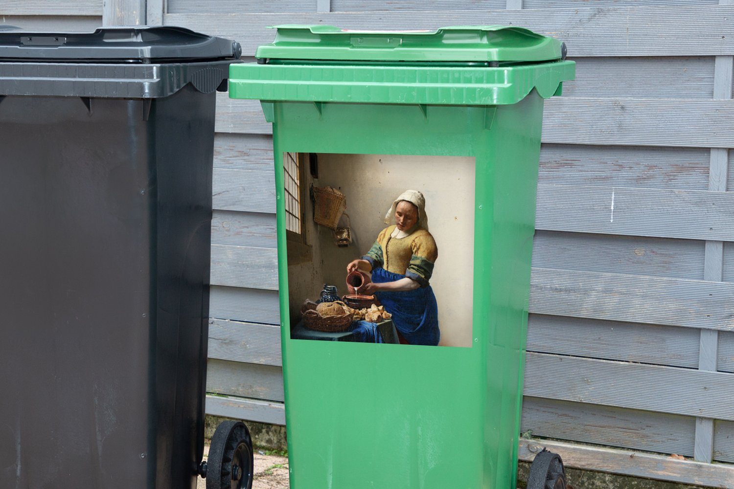 Das MuchoWow Alte Wandsticker (1 - Mülleimer-aufkleber, Milchmädchen Mülltonne, St), - - Vermeer Kunst Container, Abfalbehälter Sticker, Meister