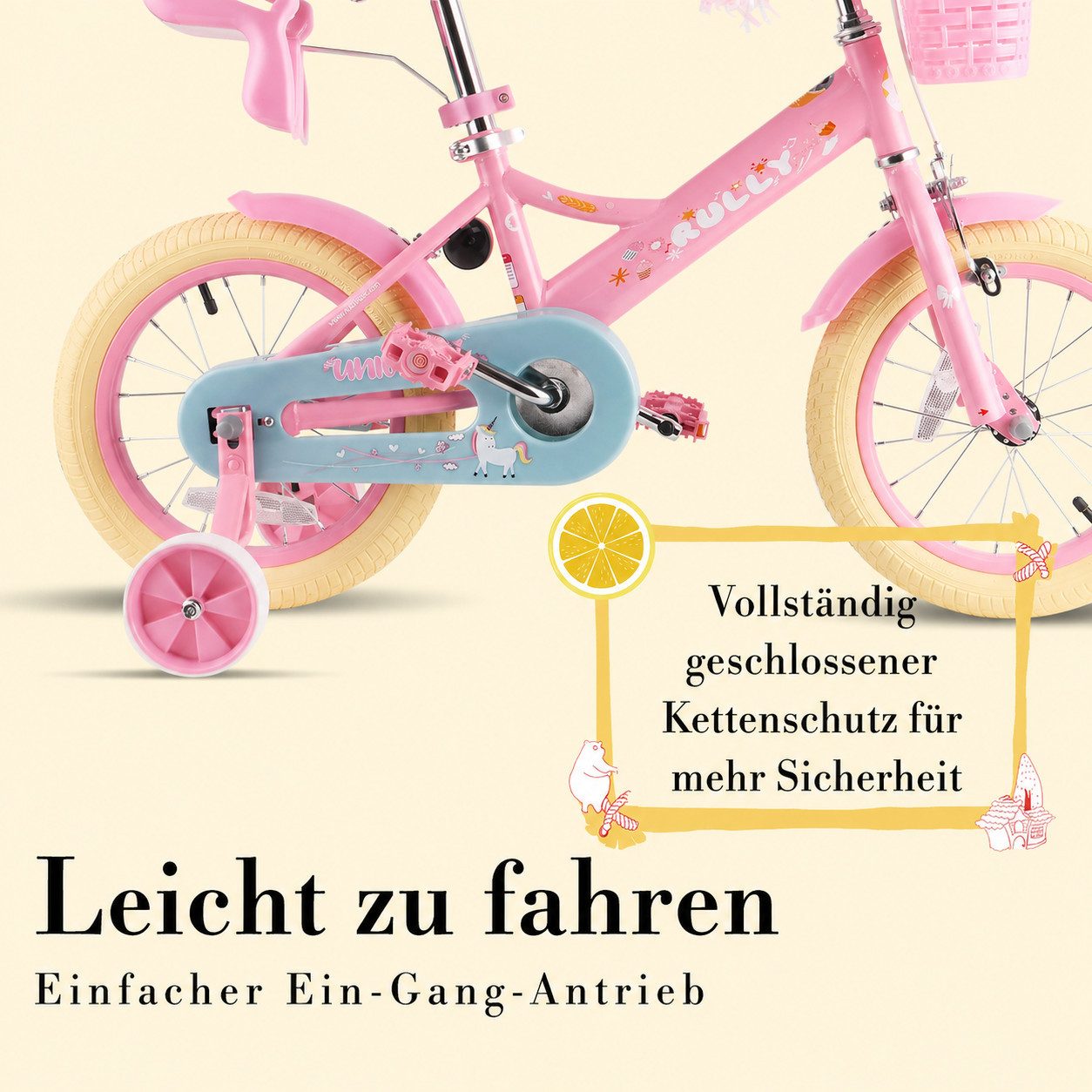 Vankel Kinderfahrrad 12/14/16 Zoll mit Stützrädern, 1 Gang, Für Mädchen 2–7 Jahre mit Korb & Puppensitz – Bild 3 von 5