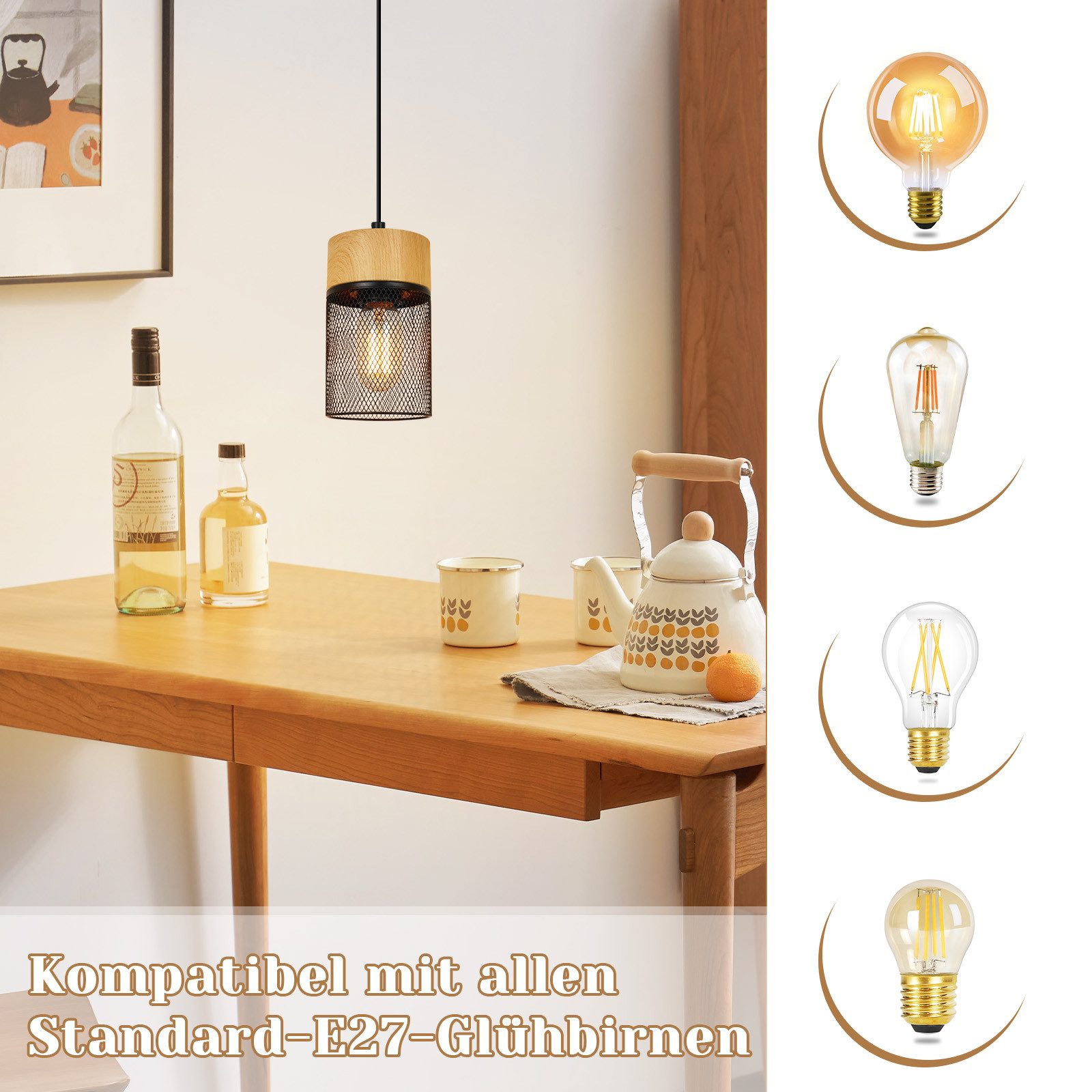 Nettlife Hängeleuchte Vintage Holzmaserung Esstisch Schwarz Industrial E27 25W Pendelleuchte, Höhenverstellbar, LED wechselbar, Esstischlampe für Schlafzimmer Küche Bar Flur