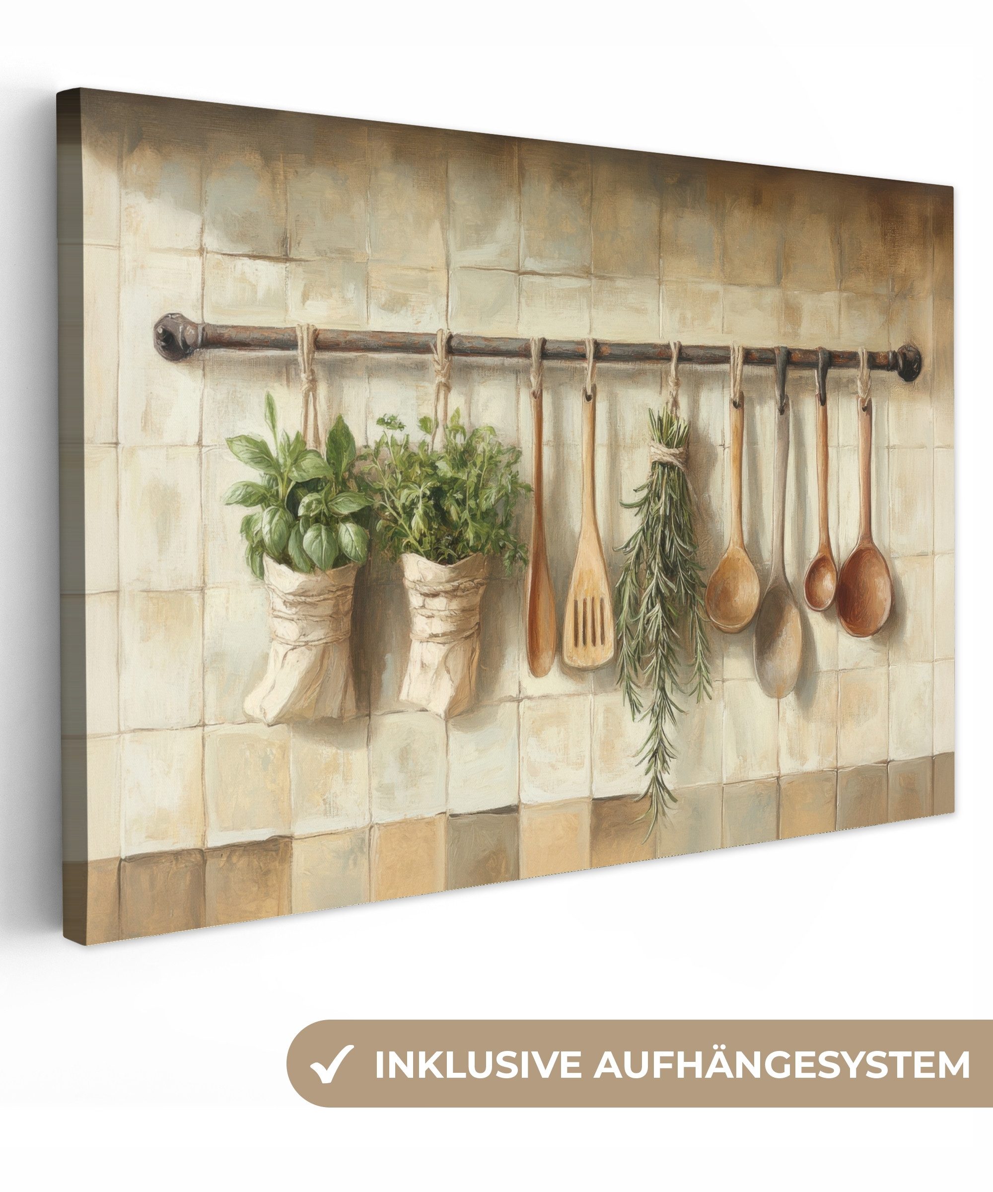 OneMillionCanvasses® Leinwandbild Holz - Küchengeräte - Stilleben - Kacheln günstig online kaufen