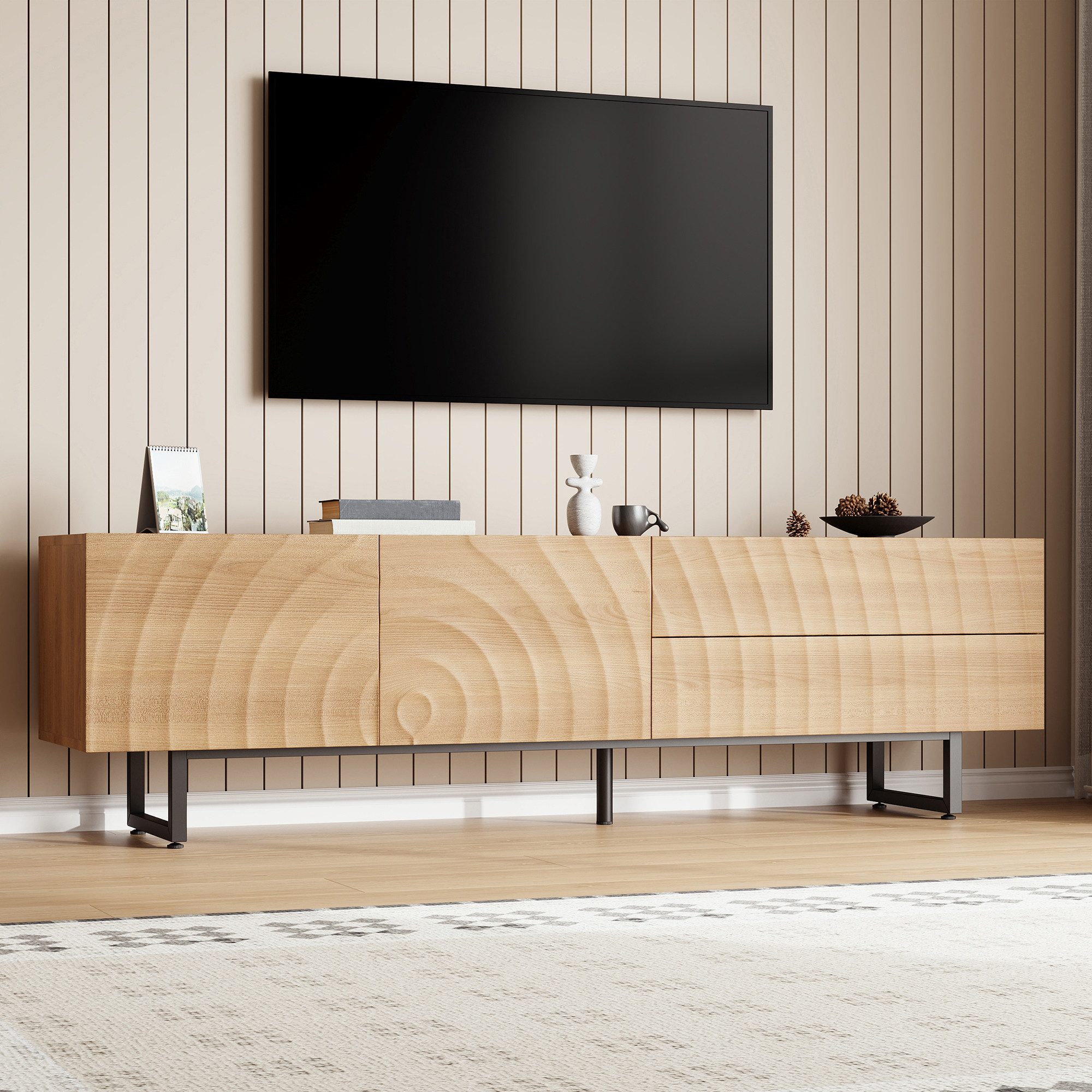 Merax Lowboard mit Metallbeine und 3D Wellenfront in Holzoptik (1 St), TV-Schrank mit 2 grifflose Türen,2 Schubladen & Stauraum,180x38x51.5cm