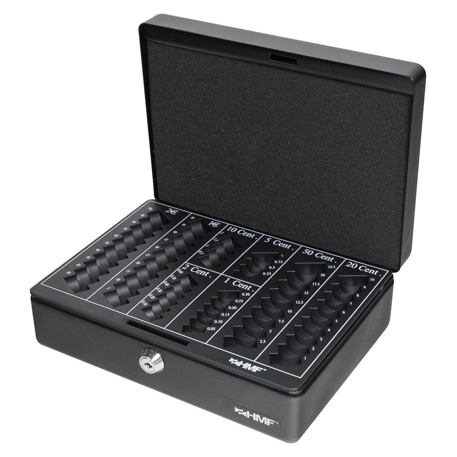 HMF Geldkassette Abschließbare Bargeldkasse mit Euro-Münzzählbrett, hochwertige Geldbox mit Schlüssel, 25 x 18 x 9 cm, schwarz