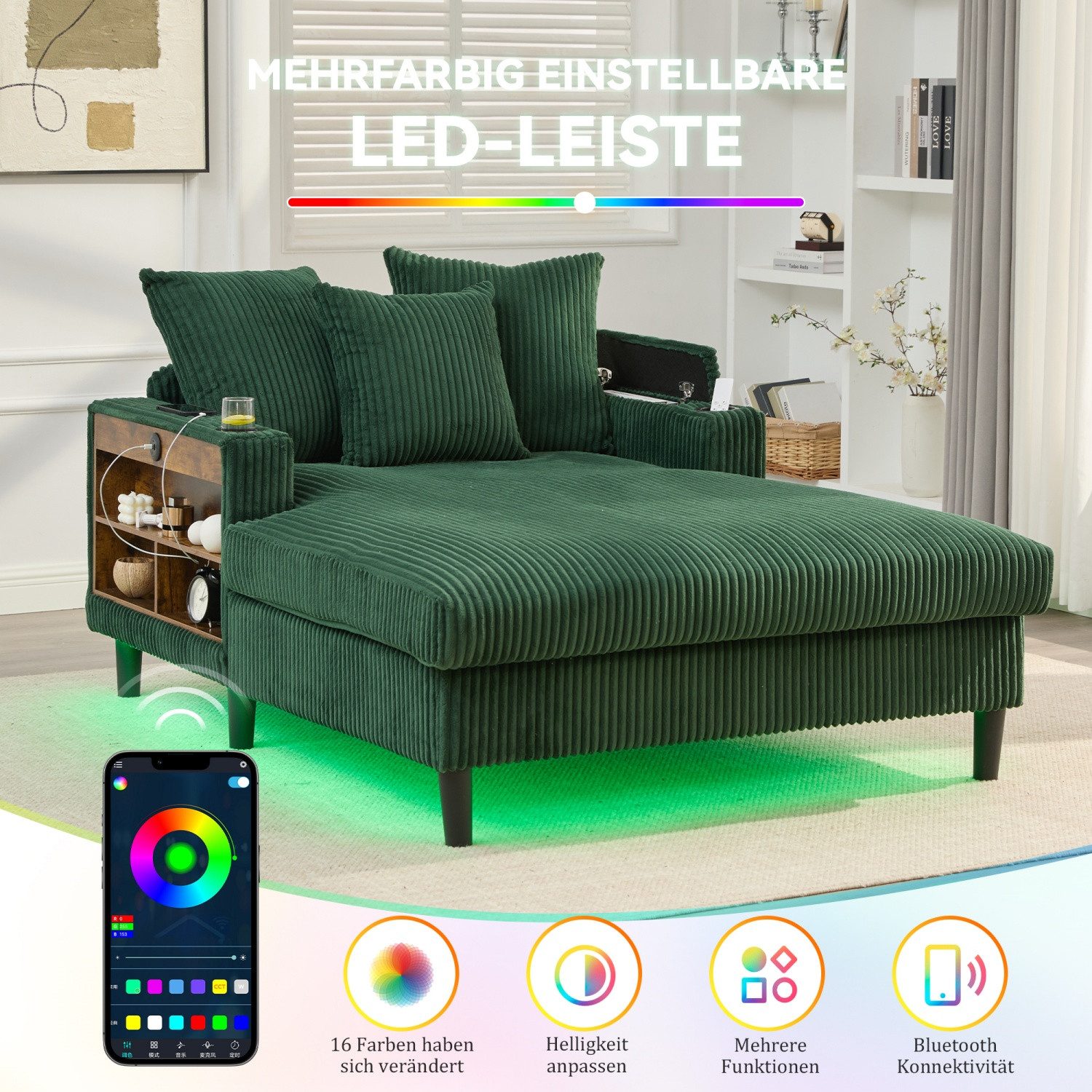 ANYSUN Sessel Cord-Schlafsofa,Relaxsessel Cord,Lesesessel bequem, (mit Chaiselongue & großer Liegefläche, LED-Beleuchtung, Stauraum), Multifunktionale Cord-Lounge,fur Wohnzimmer, Büro & Wohnung,Apartment