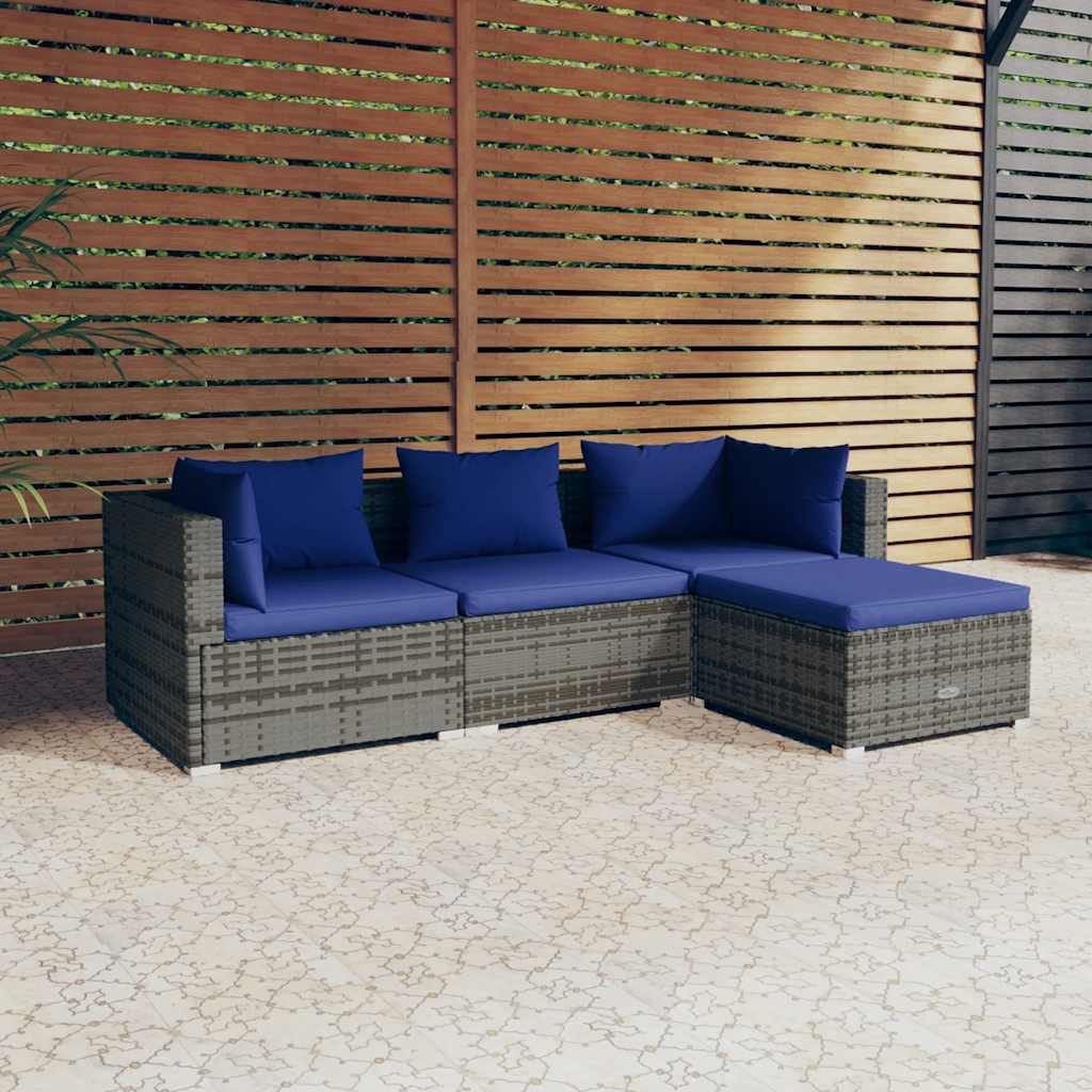 furnicato Gartenlounge-Set 4-tlg. Garten-Lounge-Set mit Kissen Poly Rattan Grau, (1-tlg)
