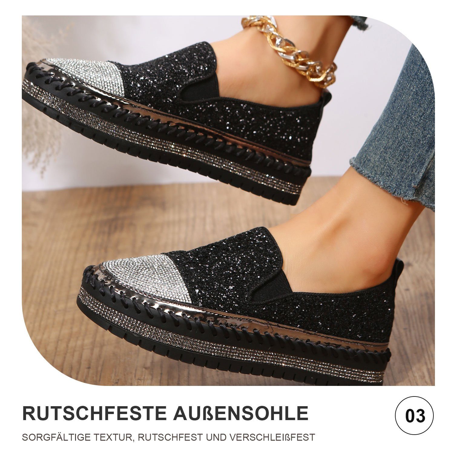 Daisred Damen Slip-On Loafer Sneakers Glitzer Strass Flache Schwarz