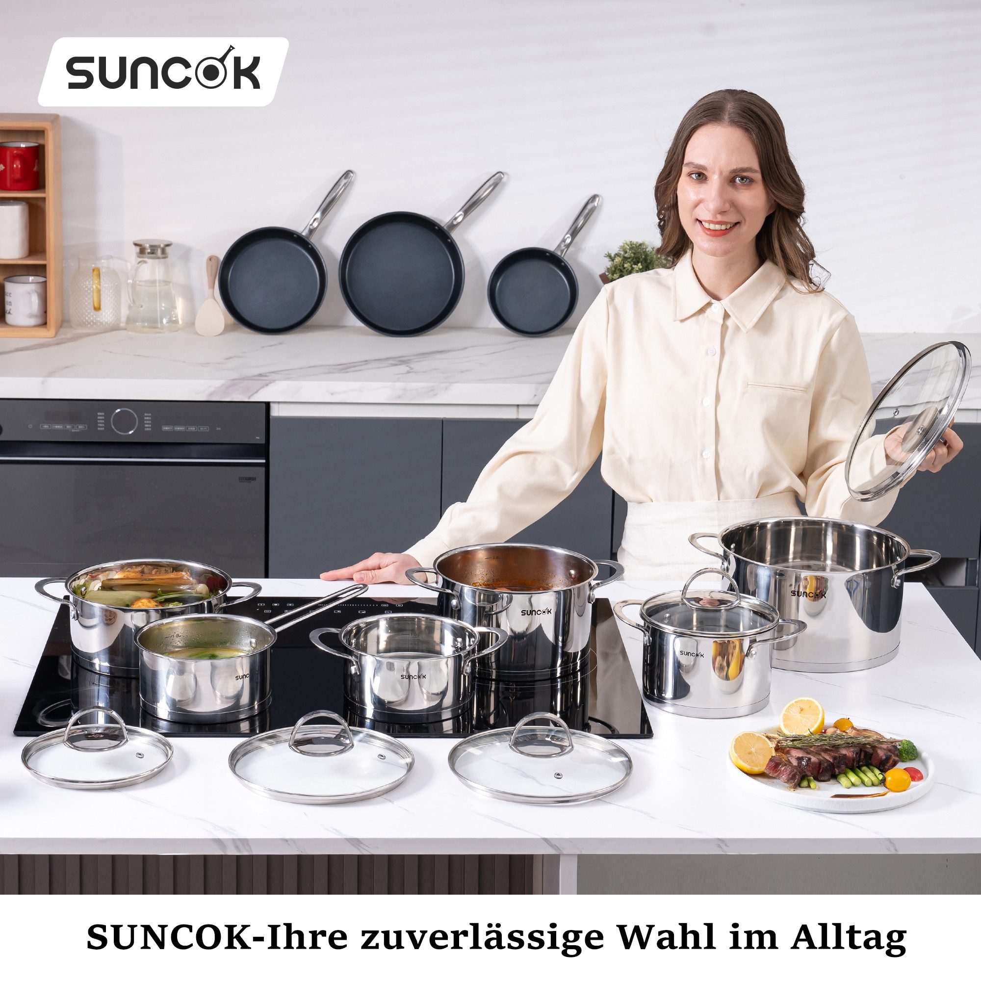 SUNCOK Topf-Set Induktion, Kochtopf Set mit Glasdeckel, Edelstahl 18/10 (Set, 11-tlg., Fleischtopf 16/20/24 cm, Bratentopf 16/20 cm, Stielkasserolle 16 cm), Kaltmetallgriffe, Literskala, für alle Herdarten Geeignet