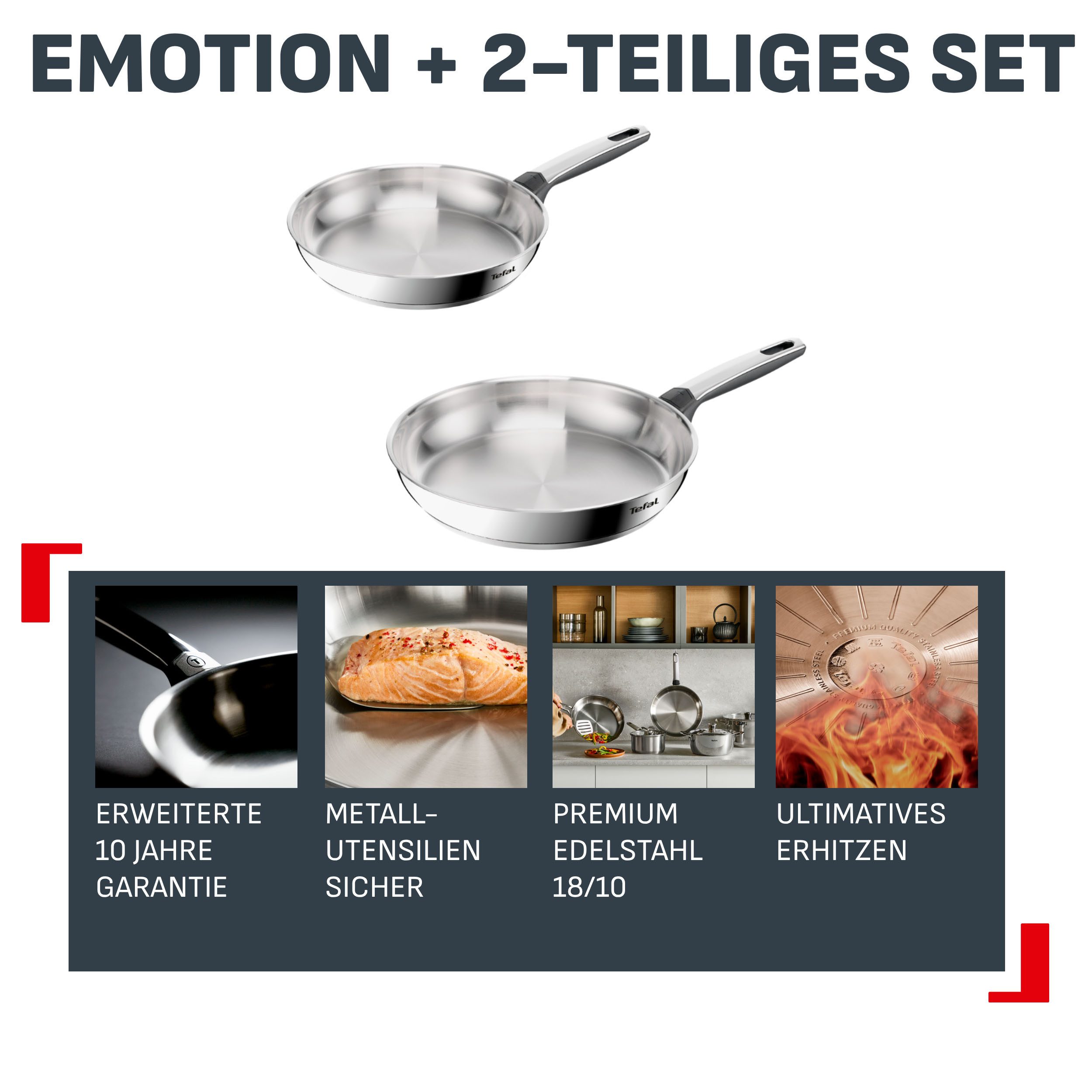 Tefal Pfannen-Set Emotion+, Edelstahl (Set, 2-tlg., je 1 Pfanne 24/28 cm), Premium Edelstahl, Induktion, spülmaschinenfest, hochglanzpoliert
