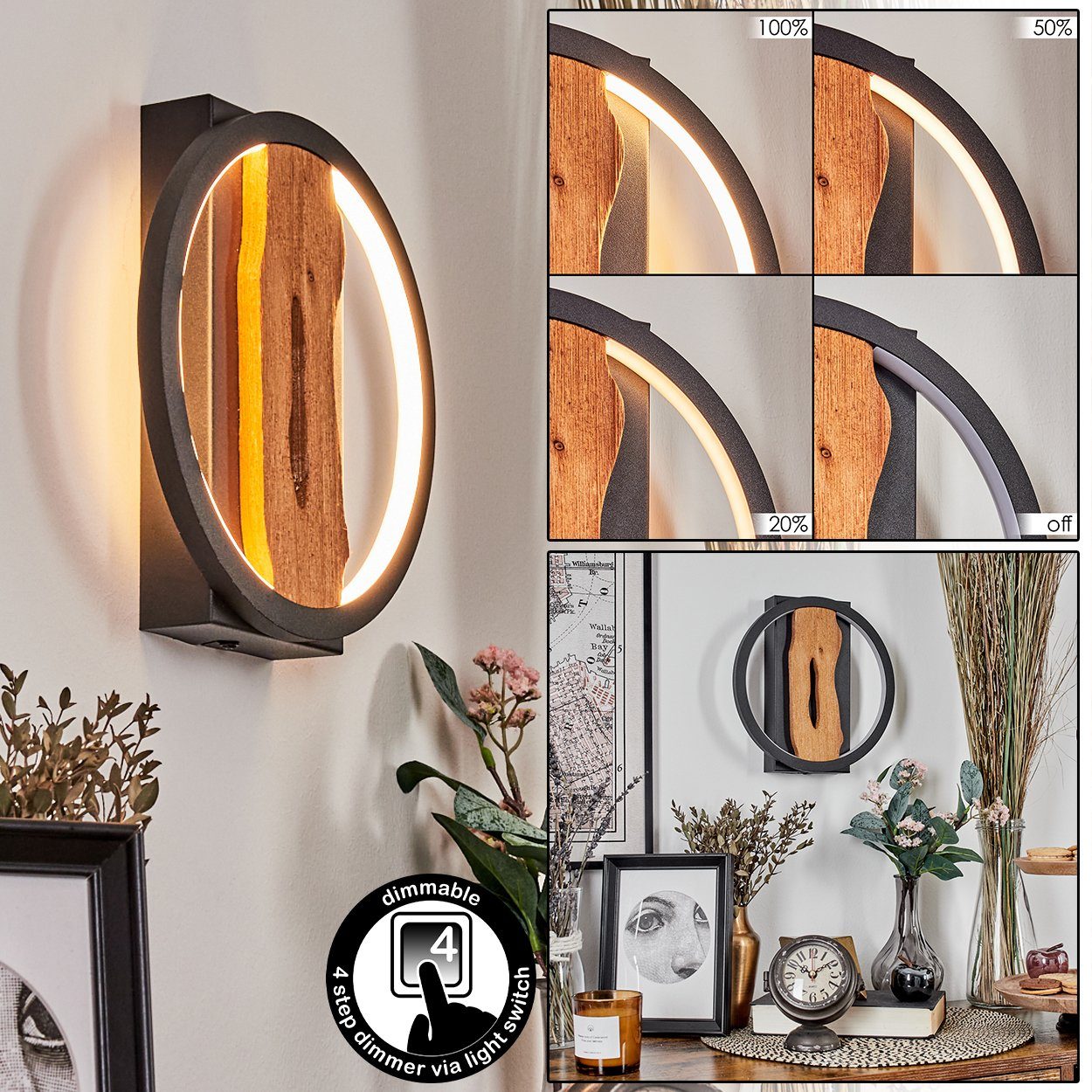 hofstein Wandleuchte dimmbare Wandlampe aus Metall/Holz in Schwarz/Natur, LED fest integriert, Leuchte mit Schirm(22cm), dimmbar ü. Lichtschalter, 1700 Lumen, 12 W