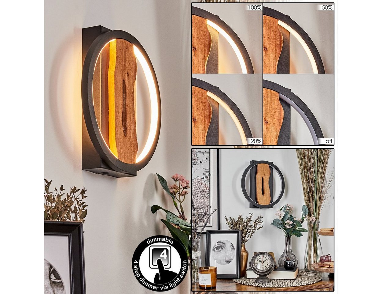 hofstein Wandleuchte dimmbare Wandlampe aus Metall/Holz in Schwarz/Natur, LED fest integriert, Leuchte mit Schirm(22cm), dimmbar ü. Lichtschalter, 1700 Lumen, 12 W