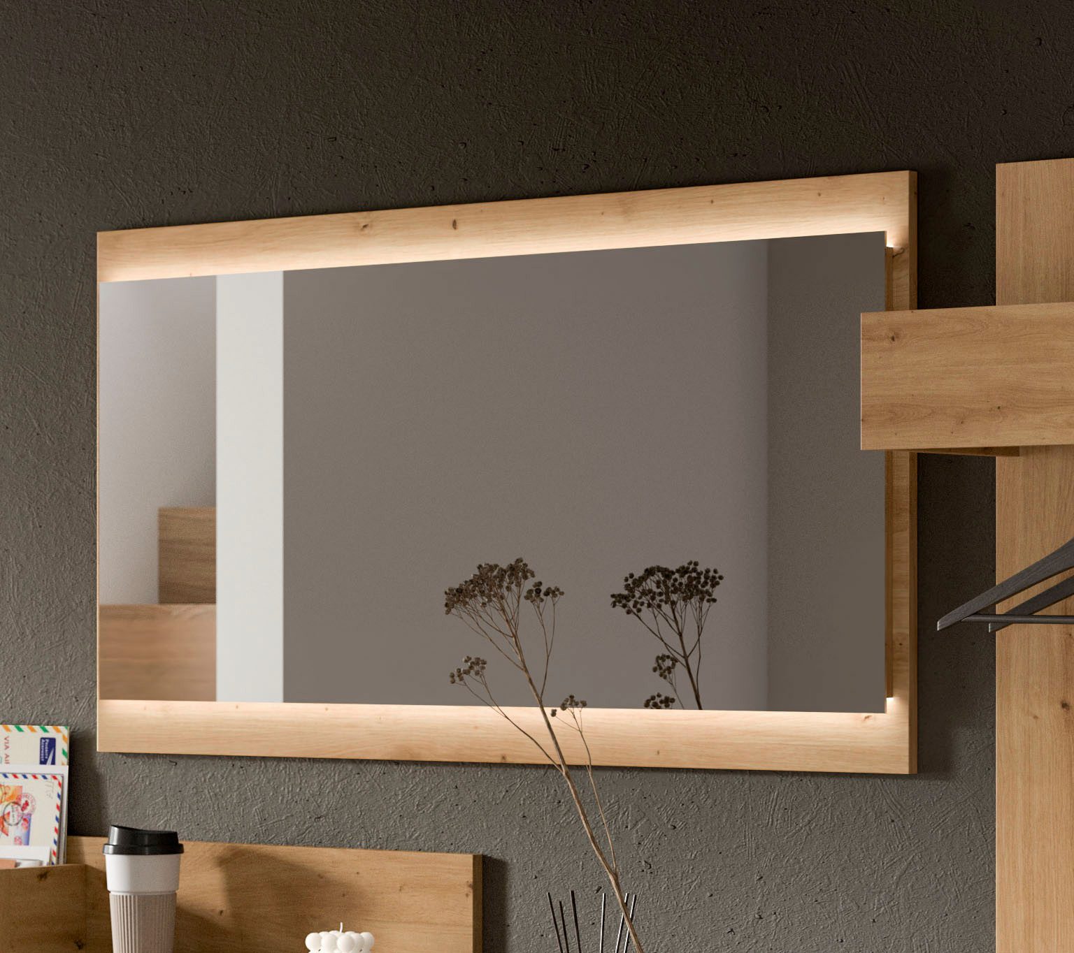 Home affaire Wandspiegel EVRID, Breite 110 cm, Rahmenoptik, farblich abgesetze Trägerplatte (inklusive Beleuchtung), Spiegel, Garderobenspiegel, Flurspiegel, Dielenspiegel, Spiegelpaneel