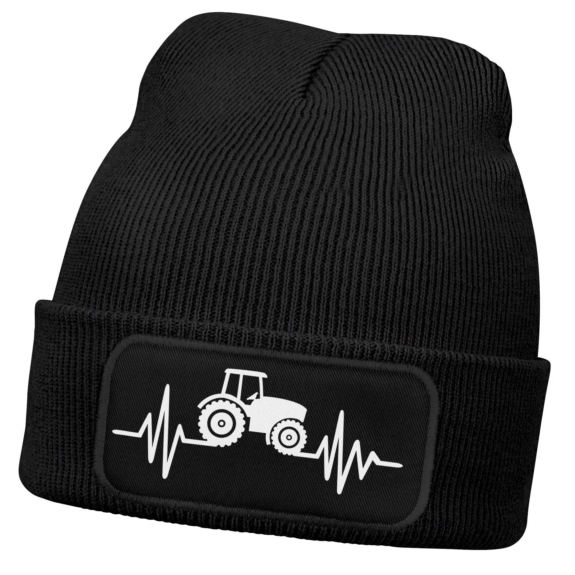 MoonWorks Strickmütze Damen Beanie mit Patch Strickmütze mit Traktor Herzschlag Aufdruck