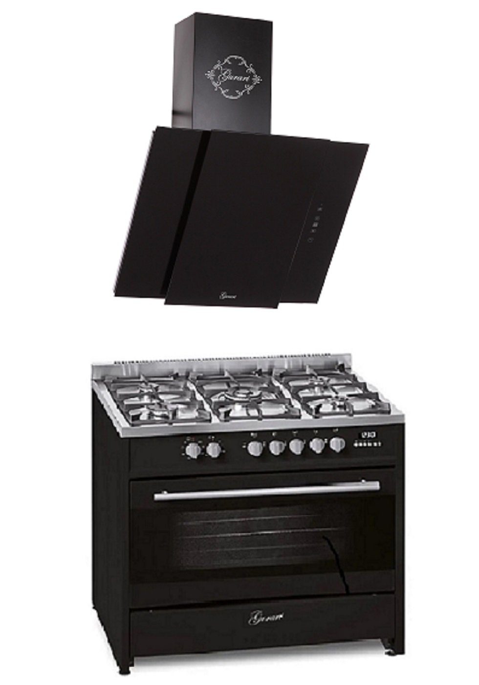 GURARI Gas-Standherd Gas Elektro Standherd 90 cm 121 L Erdgas Fl.Gas 4 Kw WOK mit Dunstabzugshaube 90 cm, Schwarz Glas, 1000m³/h GCH E 911 BL+GCH 171 90 BL PRIME N, mit 1-fach-Teleskopauszug