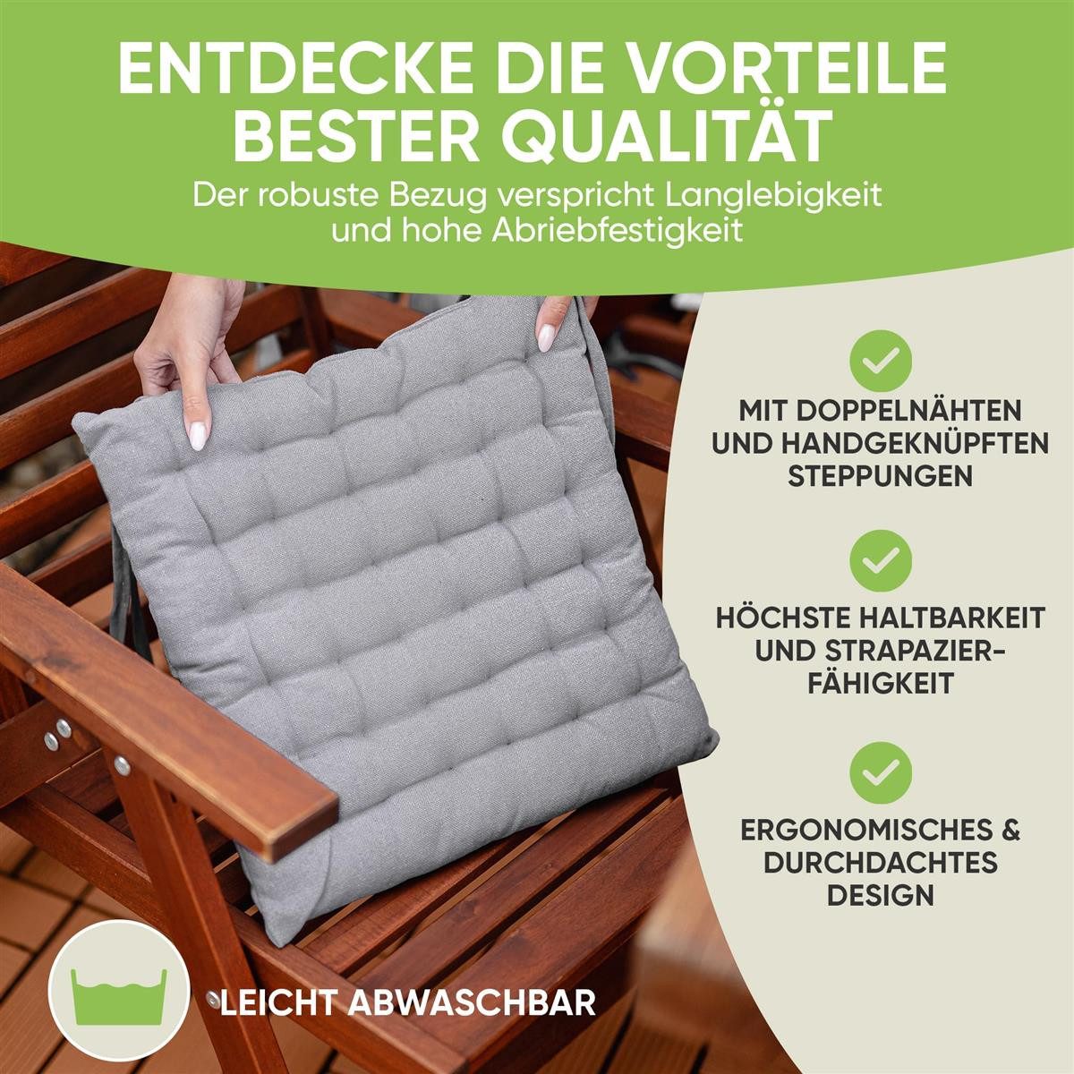 Gräfenstayn Stuhlkissen 4er-Set in 40x40cm und 5cm dicker Polsterung aus 100% Baumwolle, robustes Sitzkissen für Indoor & Outdoor, mit Haltebändern – Bild 5 von 5
