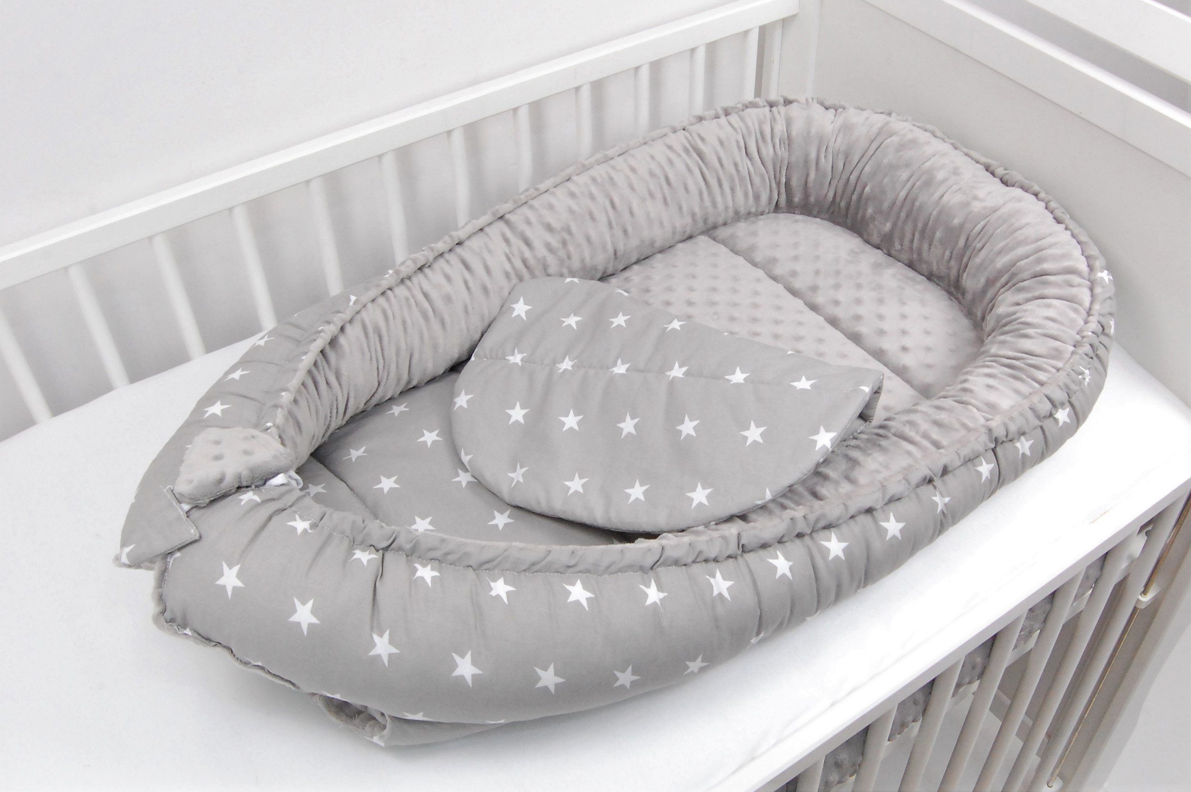 Loolay Bettnestchen MINKY/ Baumwolle BABYNEST Babykokon Geschenk Babyausstattung SETS, (MUSTER: Sterne GRAU/ MINKY Grau, SOLO oder im SETS, 2-tlg., PREMIUM BABY – Bild 4 von 5